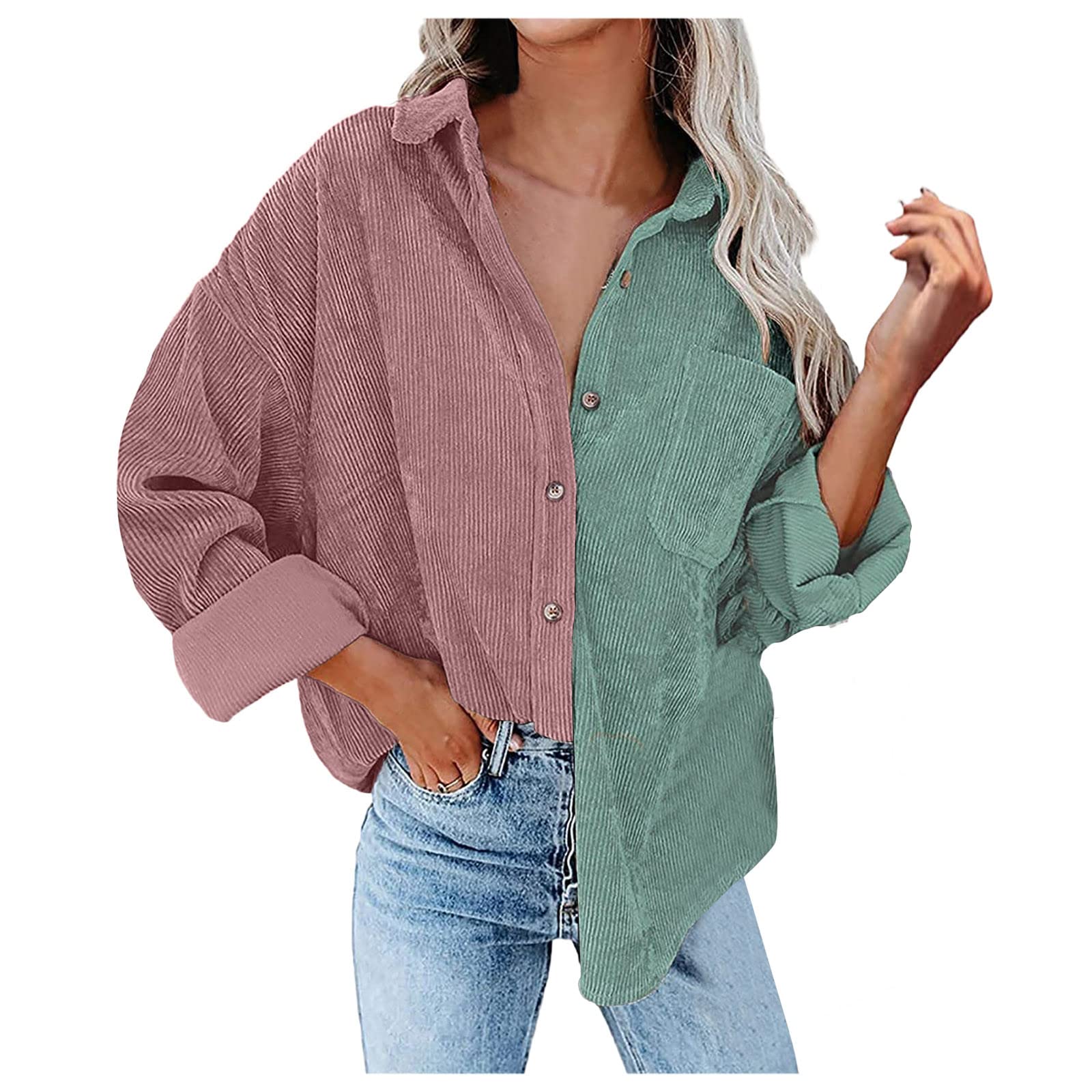Women's Corduroy Button-Up Shirt - Boyfriend Style Long Sleeve Lightweight Fall Jacket with Splicing Design | Casual Outfit, Layering Piece, Autumn Fashion for Work & Weekend Wear