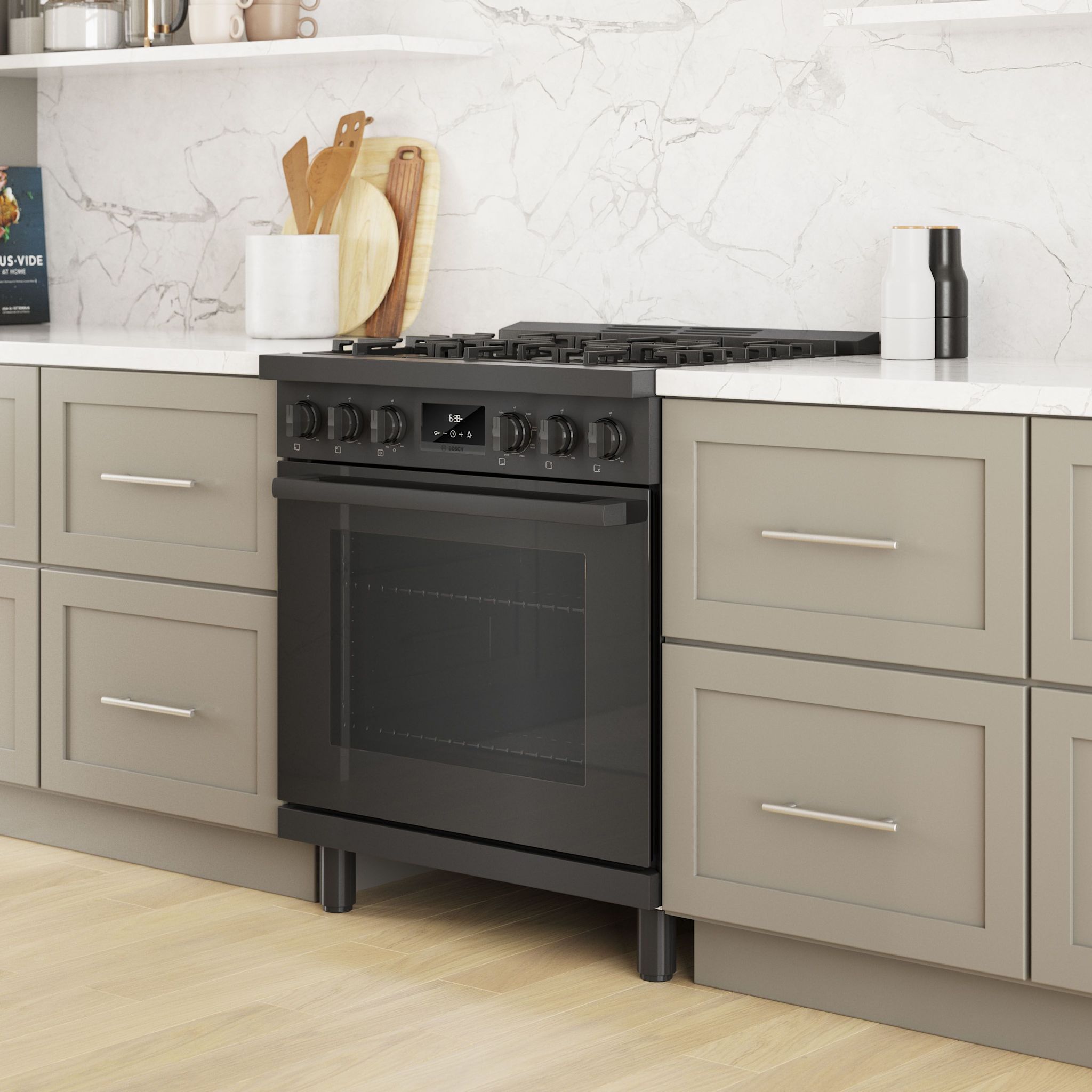 Bosch HDS8045C 30 Inch Dual Fuel Range - Black Stainless Steel Professional Gas & Electric Oven for Home Kitchen Cooking & Baking
