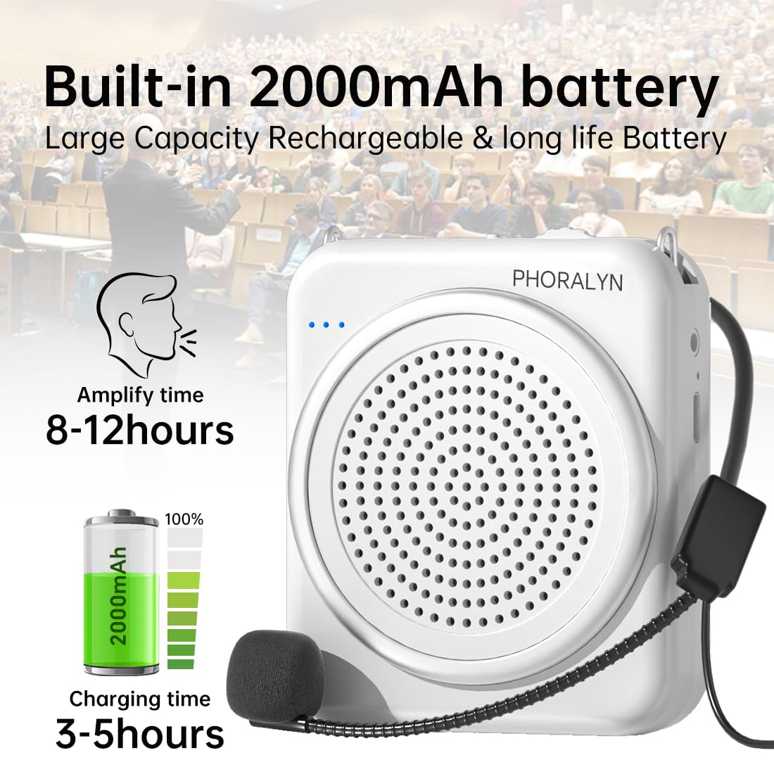 Portable Voice Amplifier with Headset Microphone - Personal Mini Speaker for Teachers, Tour Guides, Classroom, Meetings & Yoga - Rechargeable & Lightweight (White) - Perfect for Public Speaking, Outdoor Events & Group Instruction
