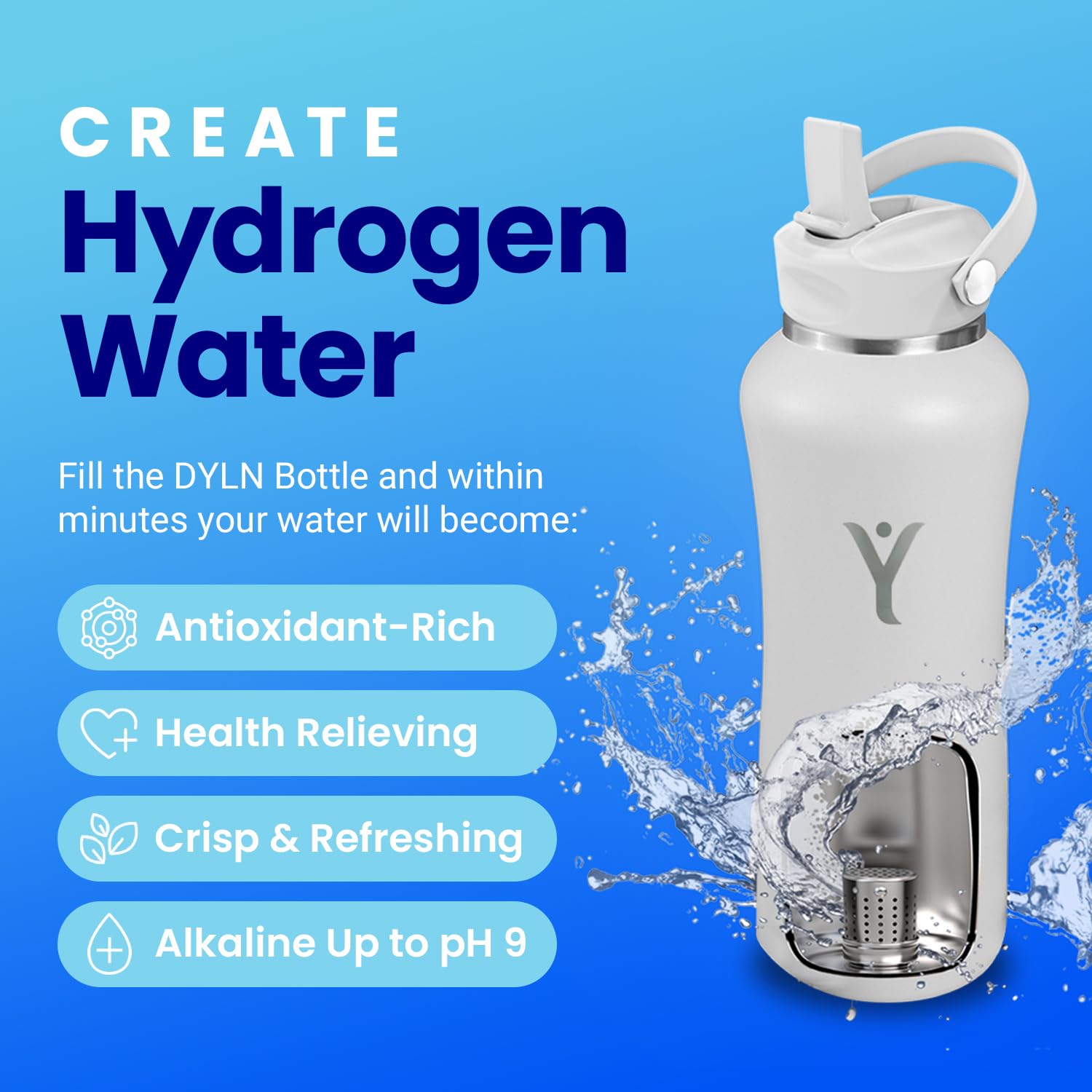 DYLN Alkaline Hydrogen Water Bottle | 24-Hour Vacuum Insulated Stainless Steel Flask | pH 9 Hydrogen-Rich Hydration for Wellness & Detox | Perfect for Gym, Hiking & Daily Hydration