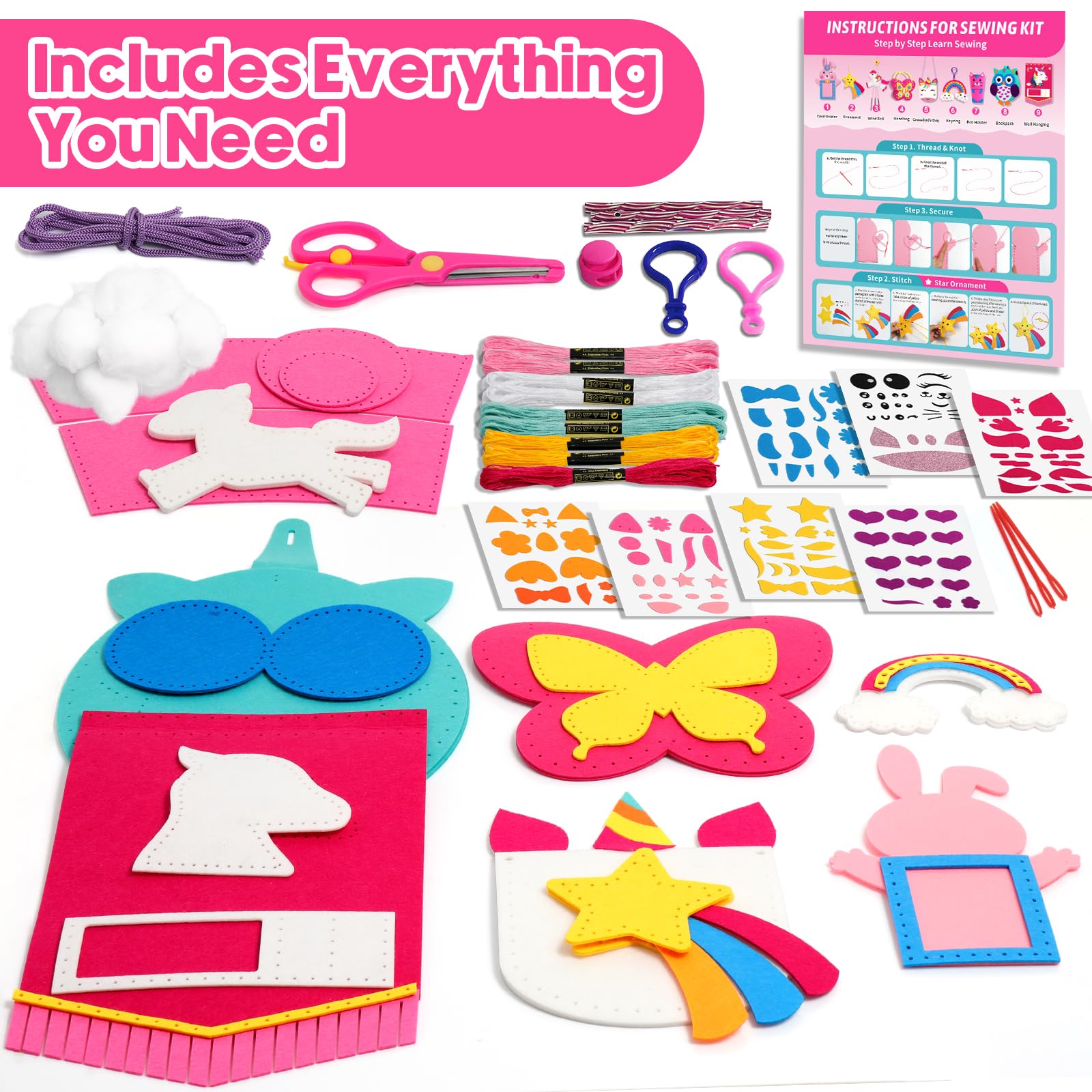 Sunrad Kids Sewing Kit for Beginners - DIY Unicorn & Animal Felt Crafts, 9 Easy Projects, Learn to Sew Educational Toy - Perfect Birthday Gift for Girls Ages 6-12 | Fun Arts & Crafts Activity for Home, School & Party Projects