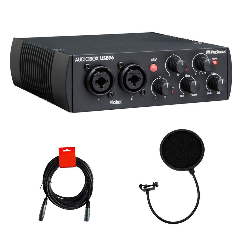 PreSonus AudioBox USB 96 2x2 USB Audio Interface (25th Anniversary Edition) - Professional Studio Recording Bundle with Pop Filter & XLR Cable - Perfect for Home Studio, Podcasting & Music Production