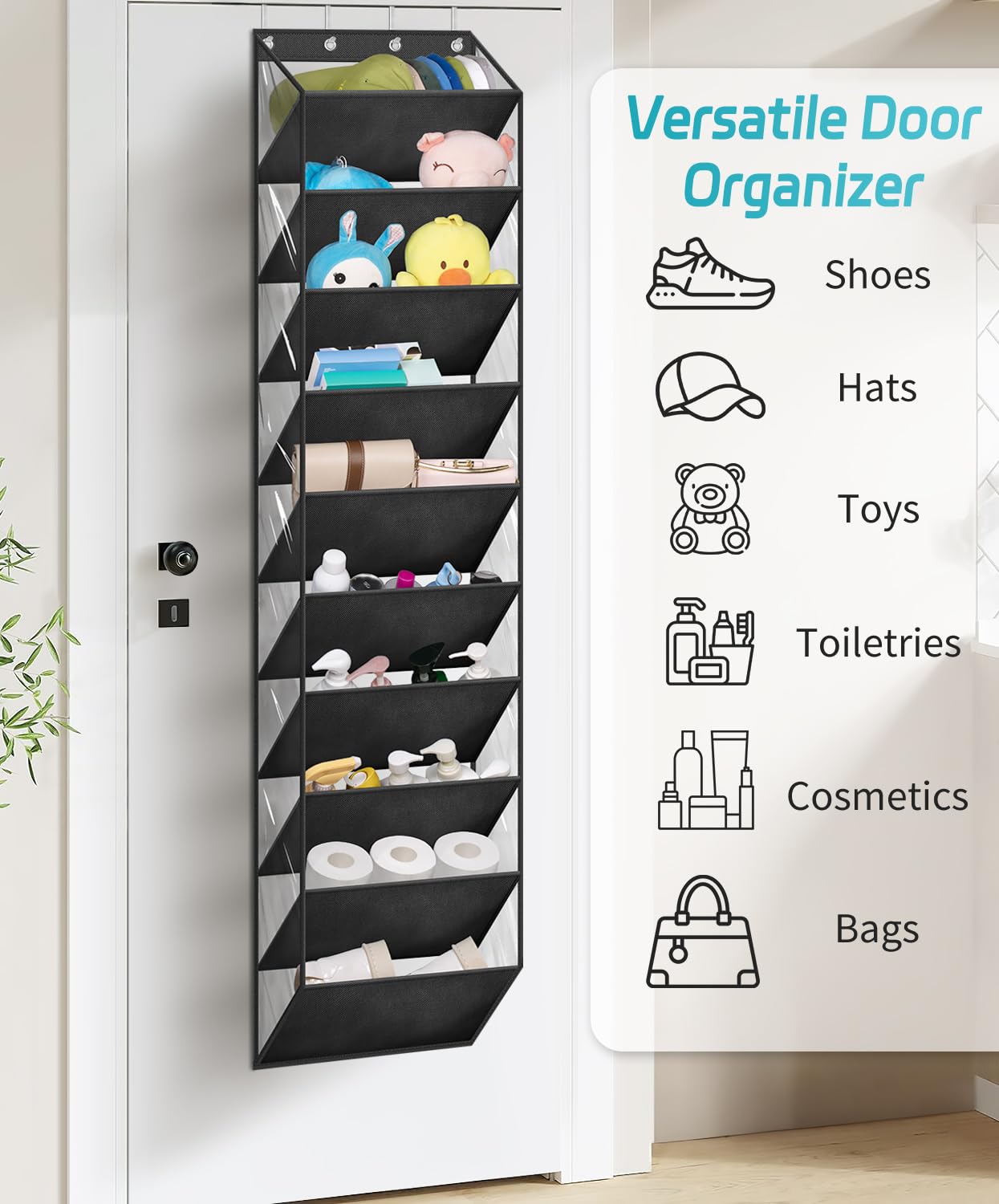 AOODA 10-Tier Clear Over The Door Shoe Organizer - Large Hanging Shoe Rack with Deep Pockets for Sneakers, Boots & Sandals - Fits 20 Pairs - Space Saving Closet Storage Solution for Bedroom, Dorm & Apartment (Black)