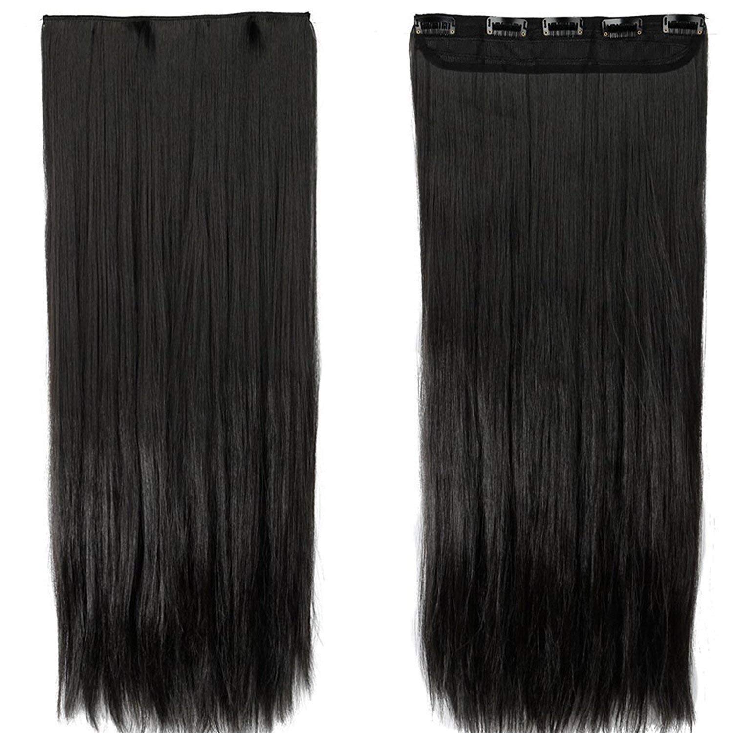 DELORUS 24 Inch Black Straight Synthetic Hair Extensions for Women - 5 Clip-in Hair Piece for Volume & Length - Perfect for Parties, Weddings & Daily Styling