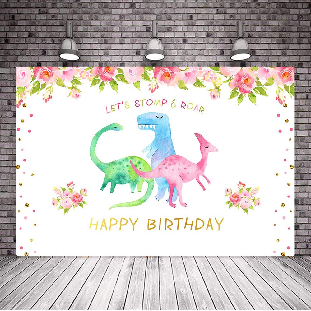 Dinosaur Birthday Backdrop - 7x5ft Floral Dinosaur Photo Background with Gold Glitter Dots | Happy Birthday Party Decorations for Kids, Baby Showers & Dinosaur Themed Events