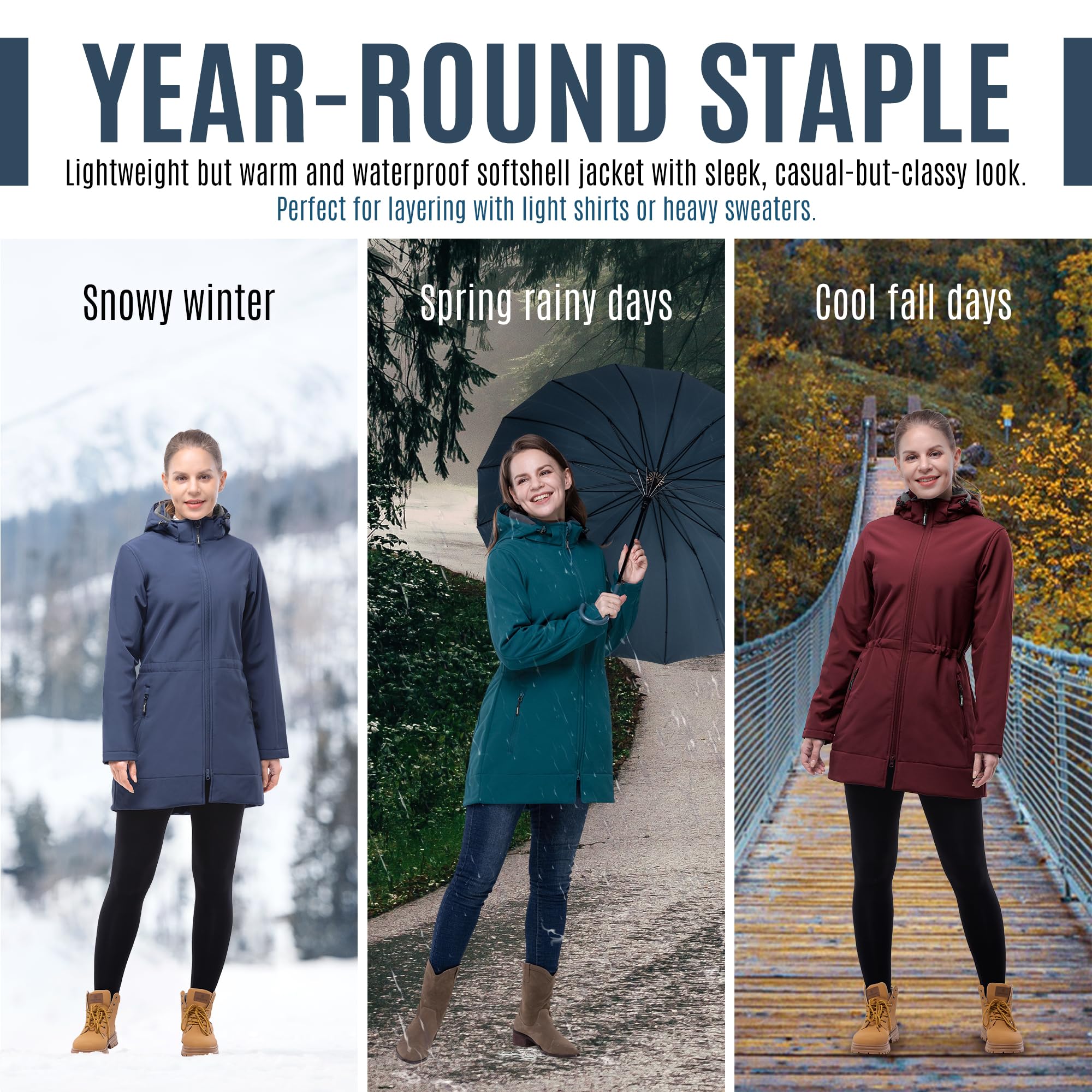 Outdoor Ventures Women's Softshell Jacket with Removable Hood, Fleece Lined Windbreaker, Insulated Long Warm Rain Jacket for Hiking, Camping & Winter Outdoor Activities