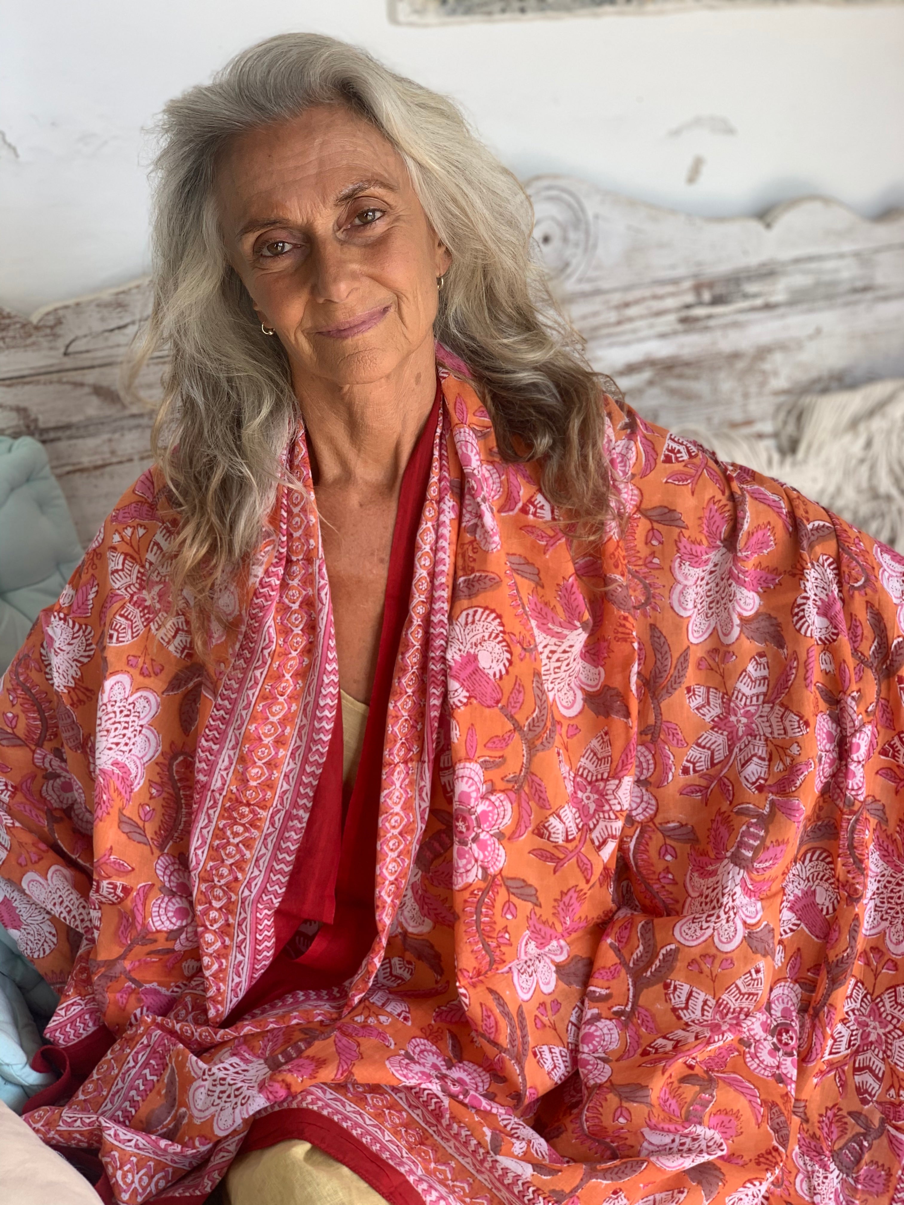 Hand Block Printed Cotton Sarong Pareo - Pink & Orange Floral Design, Soft & Lightweight Beach Wrap, Perfect for Vacation, Poolside, and Summer Outfits