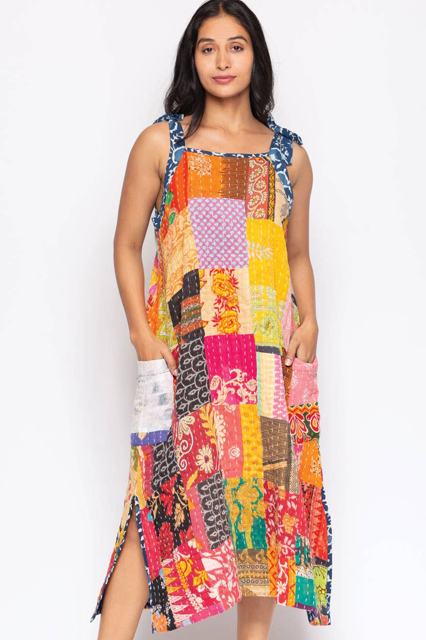 Reversible Kantha Cotton Sundress - Lightweight Summer Dress for Women | Beach Cover Up, Vacation Outfit, Boho Chic Fashion