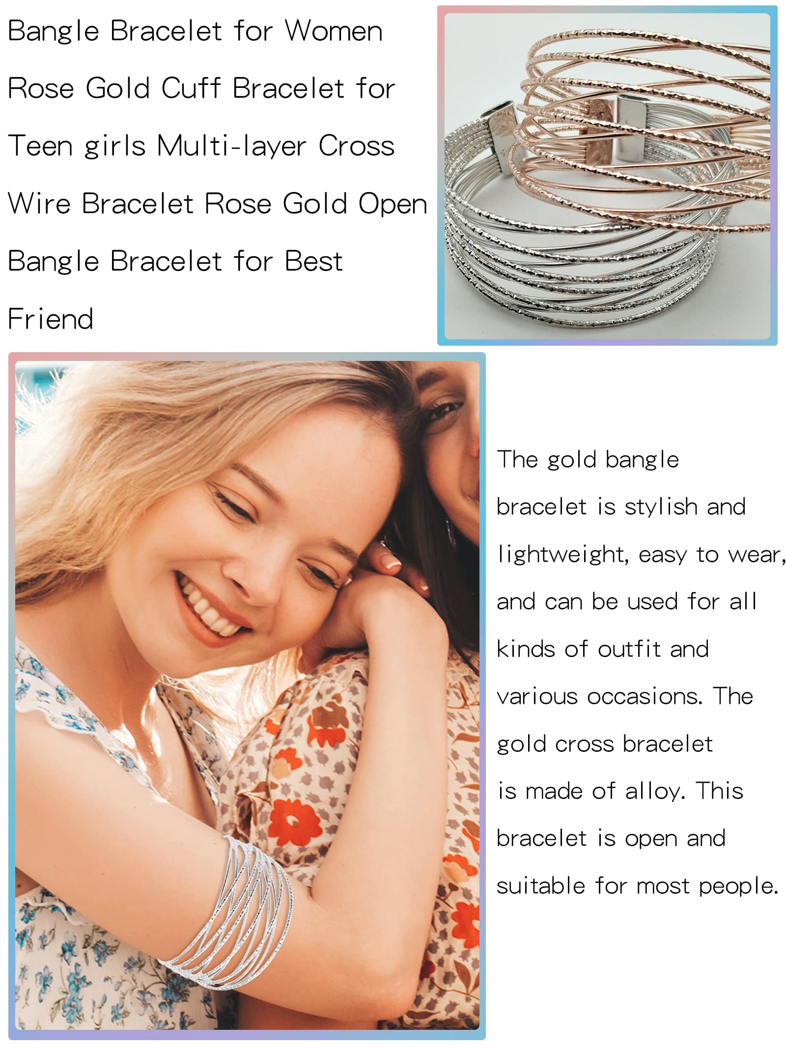 Rose Gold Open Bangle Bracelet for Women - Multi-Layer Cross Wire Cuff Bracelet Jewelry Gift for Best Friend, Birthday, Anniversary | Elegant Everyday Wear & Special Occasion Accessory