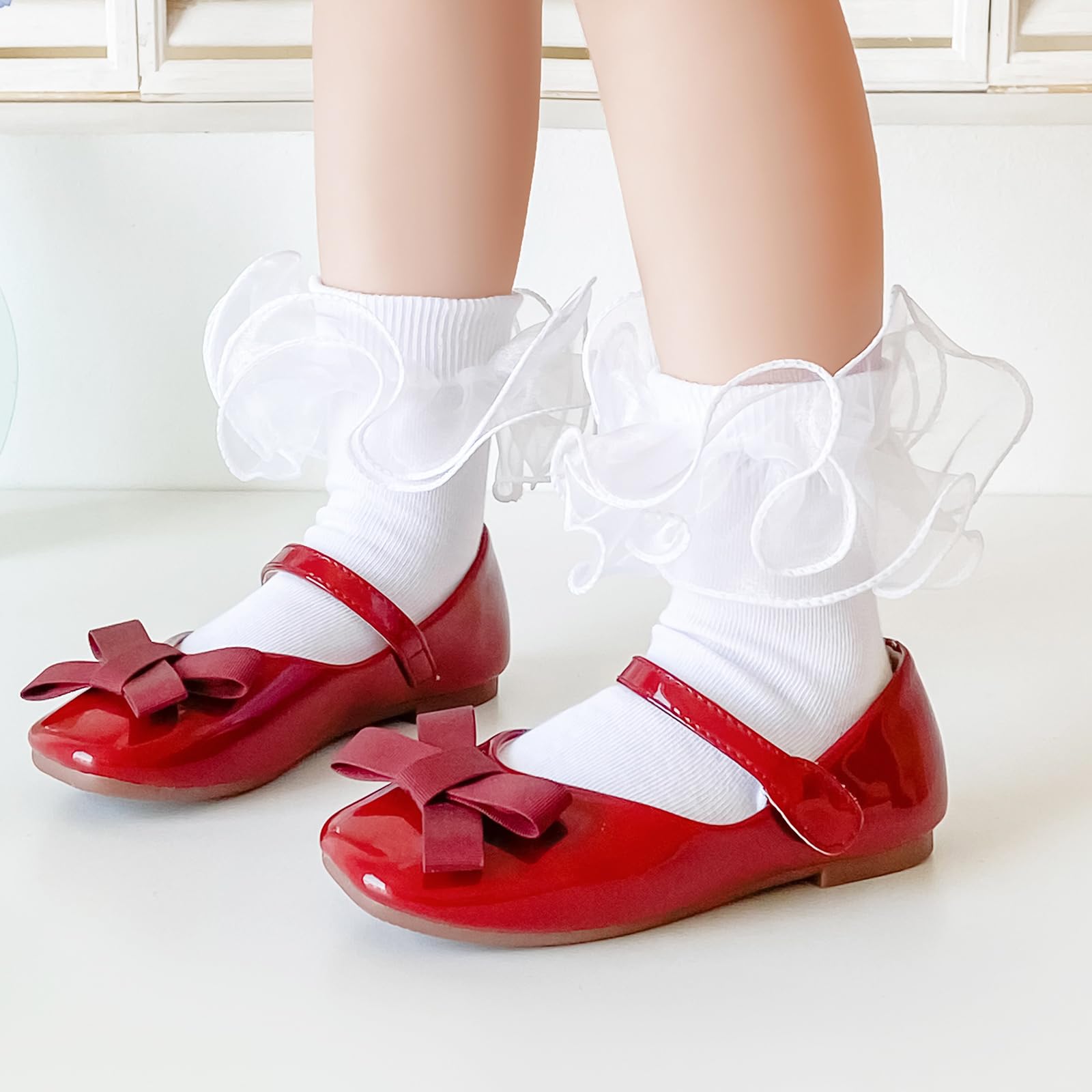 Girls Ruffle Socks - Shiny Double Big Lace Ankle Socks 2-3 Pairs Set for Toddlers | Frilly Dress Socks for Pageants, Parties & Special Occasions | Comfortable Turn Cuff Socks for Girls Outfits