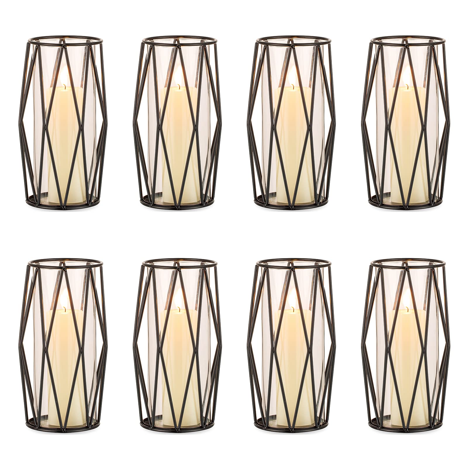 8 Pcs Geometric Black Candle Holders with Hurricane Glass Cylinder for Pillar Candles - Wedding, Birthday Party Centerpiece Decor - Office & Living Room Home Decor for Romantic Ambiance