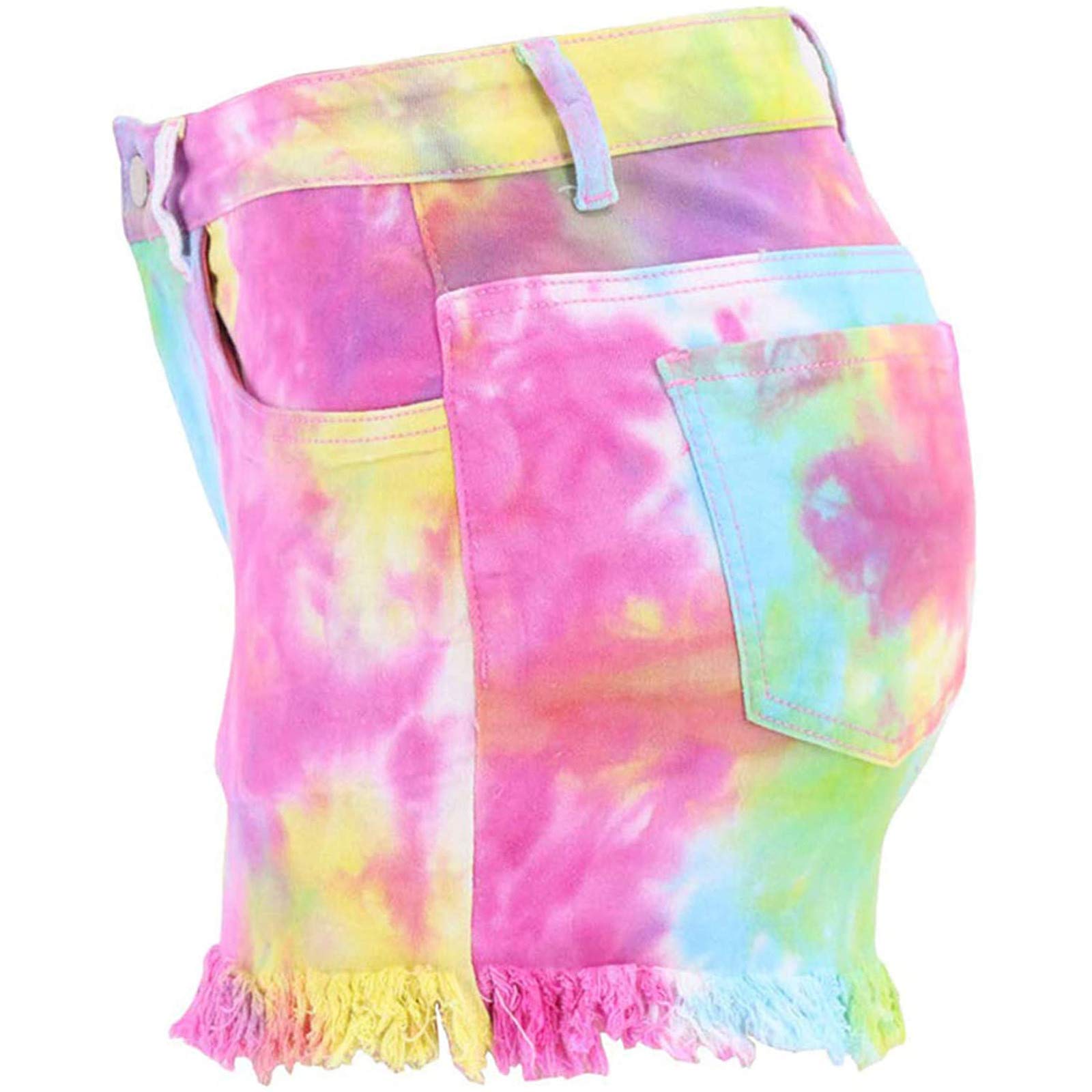 Trendy Women's High Waisted Tie Dye Denim Shorts - Distressed Raw Hem Ripped Jean Shorts for Casual Wear & Y2K Aesthetic | Perfect for Beach Outings, Summer Vacations & Street Style Fashion