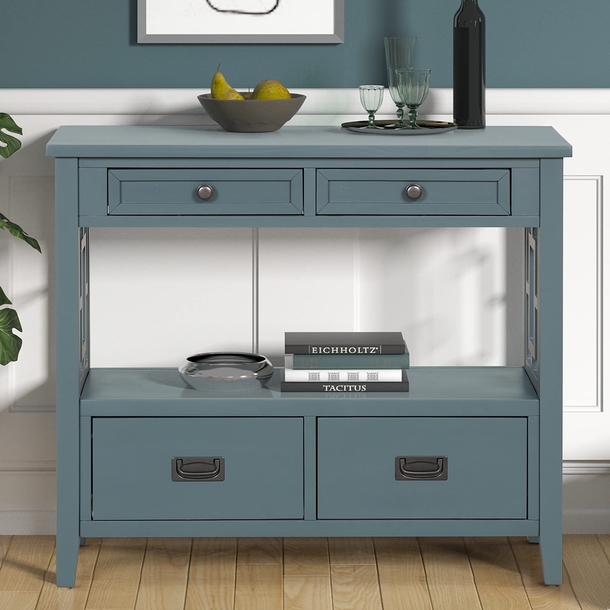 Quarte Retro Style Console Table - Entryway Hallway Sofa Table with 4 Drawers & 1 Shelf, Thick Wood Accent Side Table for Living Room, Bedroom - Easy Assembly (Light Blue) | Perfect for Small Spaces, Apartment Decor & Farmhouse Style Homes