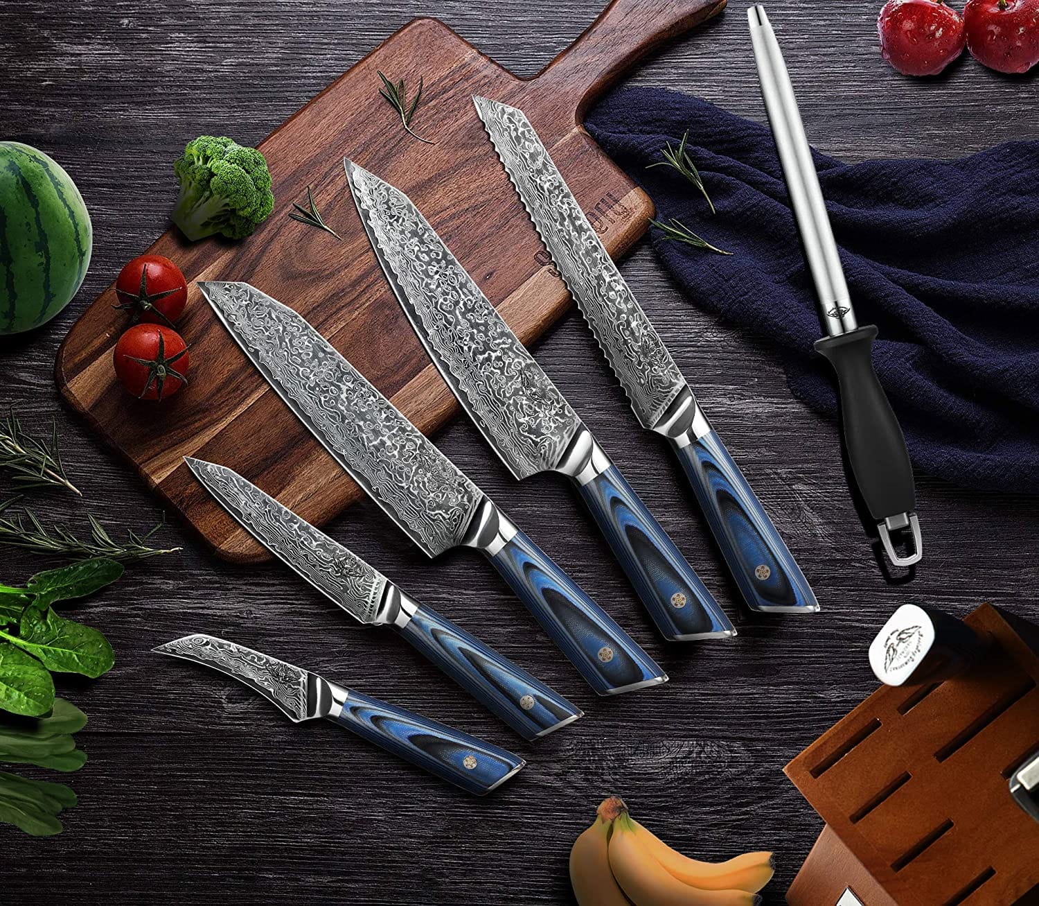 Premium 9-Piece Japanese AUS 10 Damascus Steel Knife Set with Blue G10 Handle - Professional Chef Knives for Kitchen, Sushi, Meat Cutting & Food Preparation
