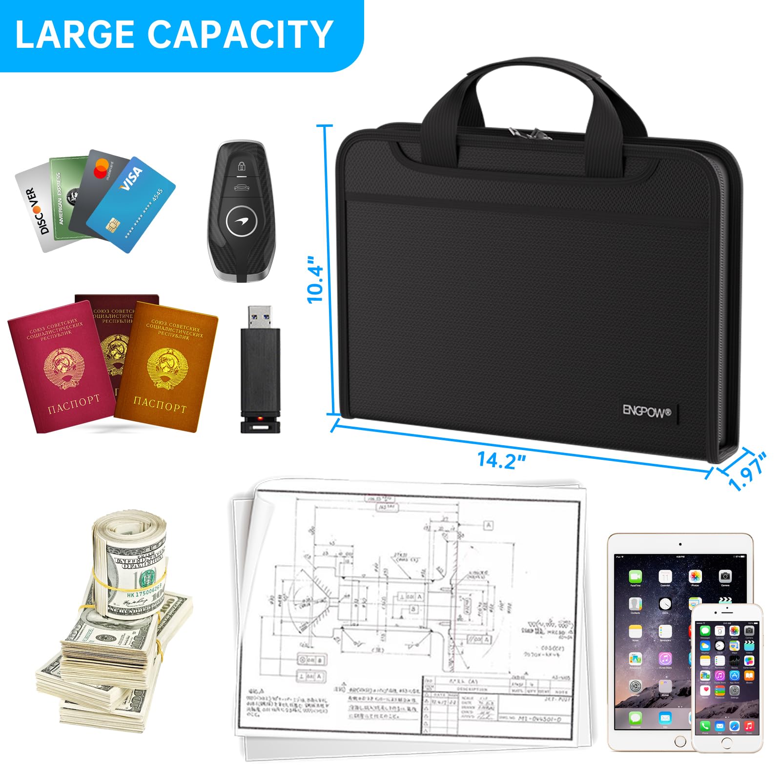 ENGPOW Fireproof Expanding File Folder - 13 Pockets Accordion Organizer with Handle & Labels | Portable Document Storage for Home, Office & Travel | Perfect for A4 Files, Letters & Important Documents