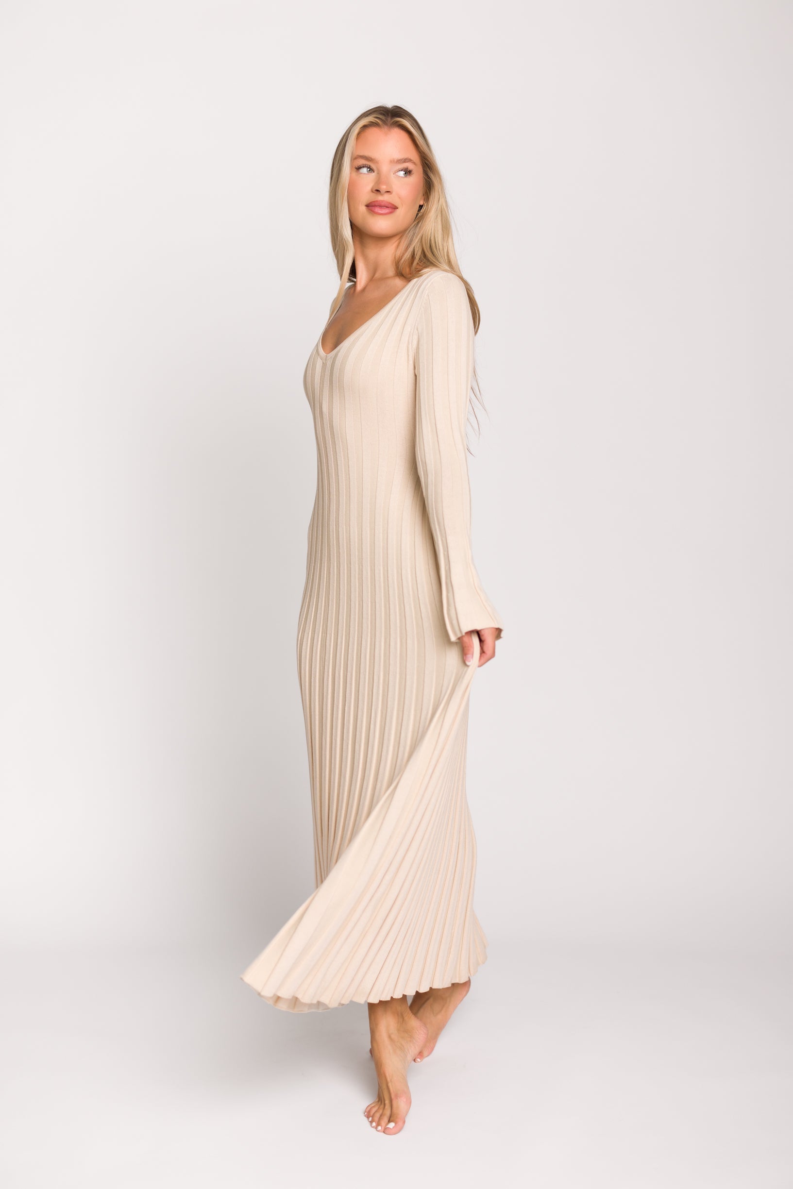 Hadley Long Sleeve V Neck Knit Maxi Dress in Cream Taupe - Elegant Women's Casual Maxi Dress for Fall & Winter, Perfect for Office, Date Night and Holiday Parties