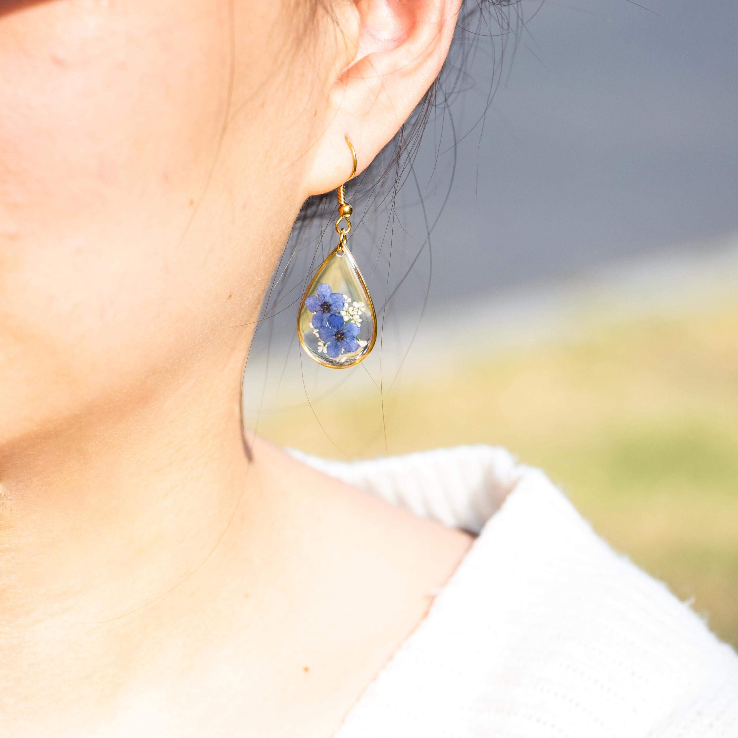 Pressed Forget Me Not Handmade Earrings - Real Flower Dried Resin Jewelry for Women, Gold Teardrop Earrings, Unique Birthday Gift for Her - Perfect for Weddings, Anniversaries & Special Occasions