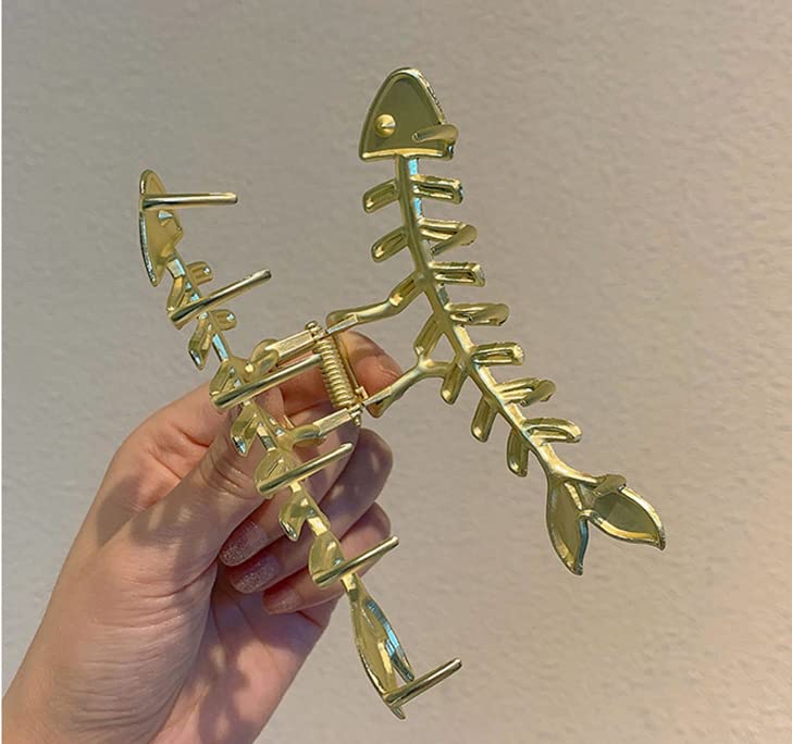 2PCS Large Metal Hair Claw Clips - Fish Bone Design Non-Slip Hollow Hair Clips for Women & Girls | Gold Hair Accessories for Ponytail, Bun & Updo Hairstyles
