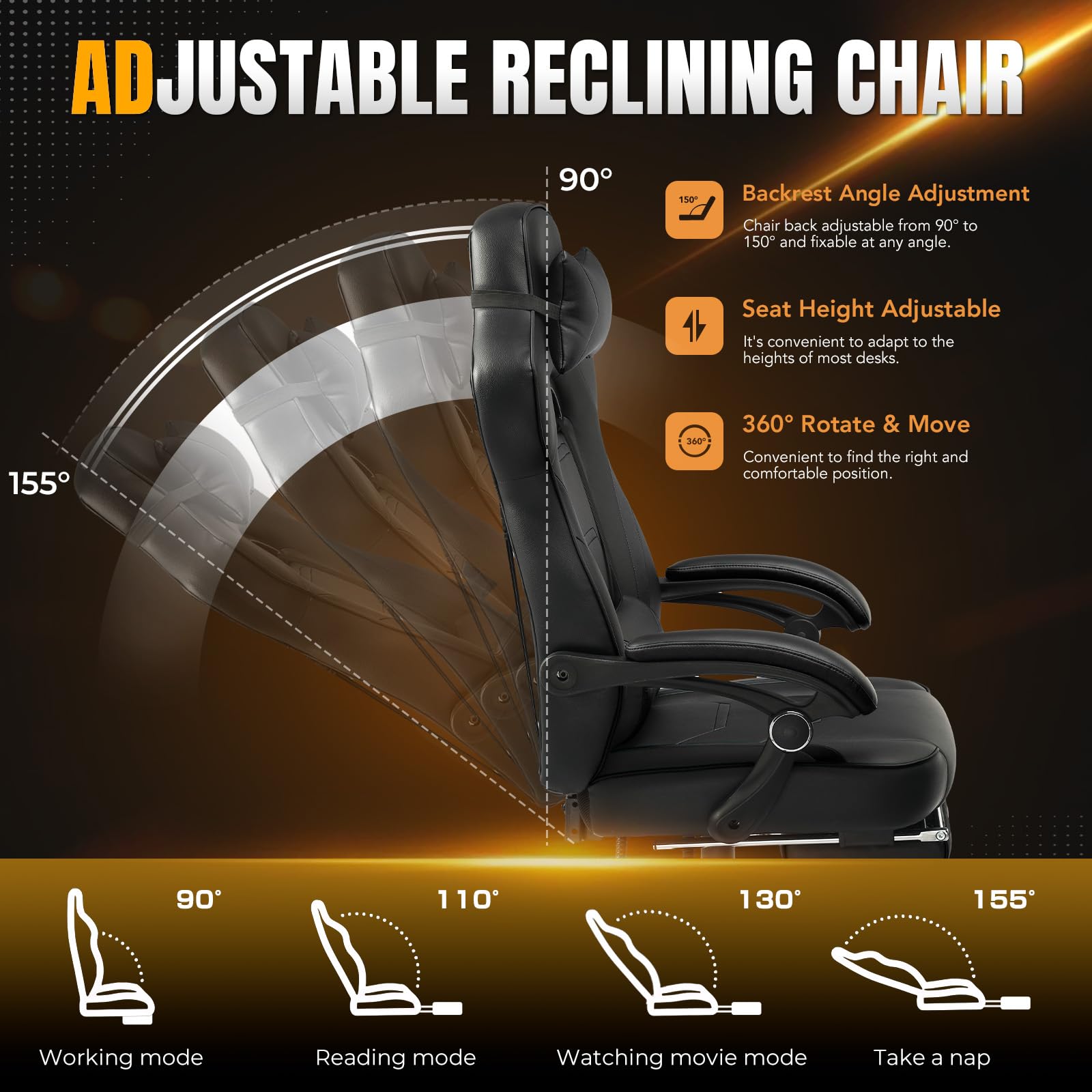 Ergonomic Gaming Chair with Footrest - 350Lb Heavy Duty Computer Chair, High Back Office Chair with Lumbar Support & Swivel Recliner for Adults (Black) - Perfect for PC Gaming, Streaming & Home Office Setup