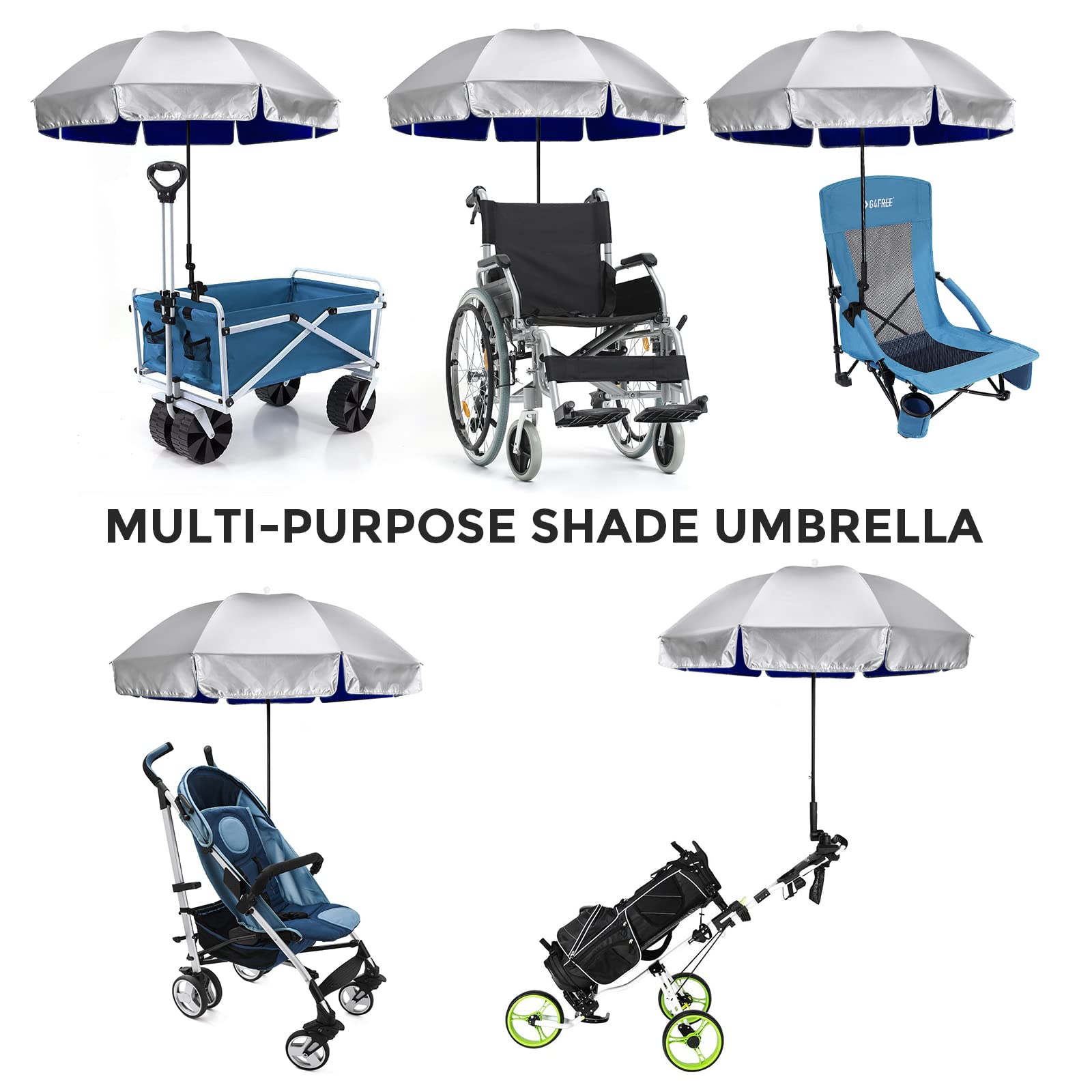 G4Free UPF 50+ Universal Adjustable Clamp-On Umbrella for Outdoor UV Protection - Fits Strollers, Wheelchairs, Patio Chairs & Golf Carts - Perfect for Beach, Picnics, Camping & Backyard Relaxation