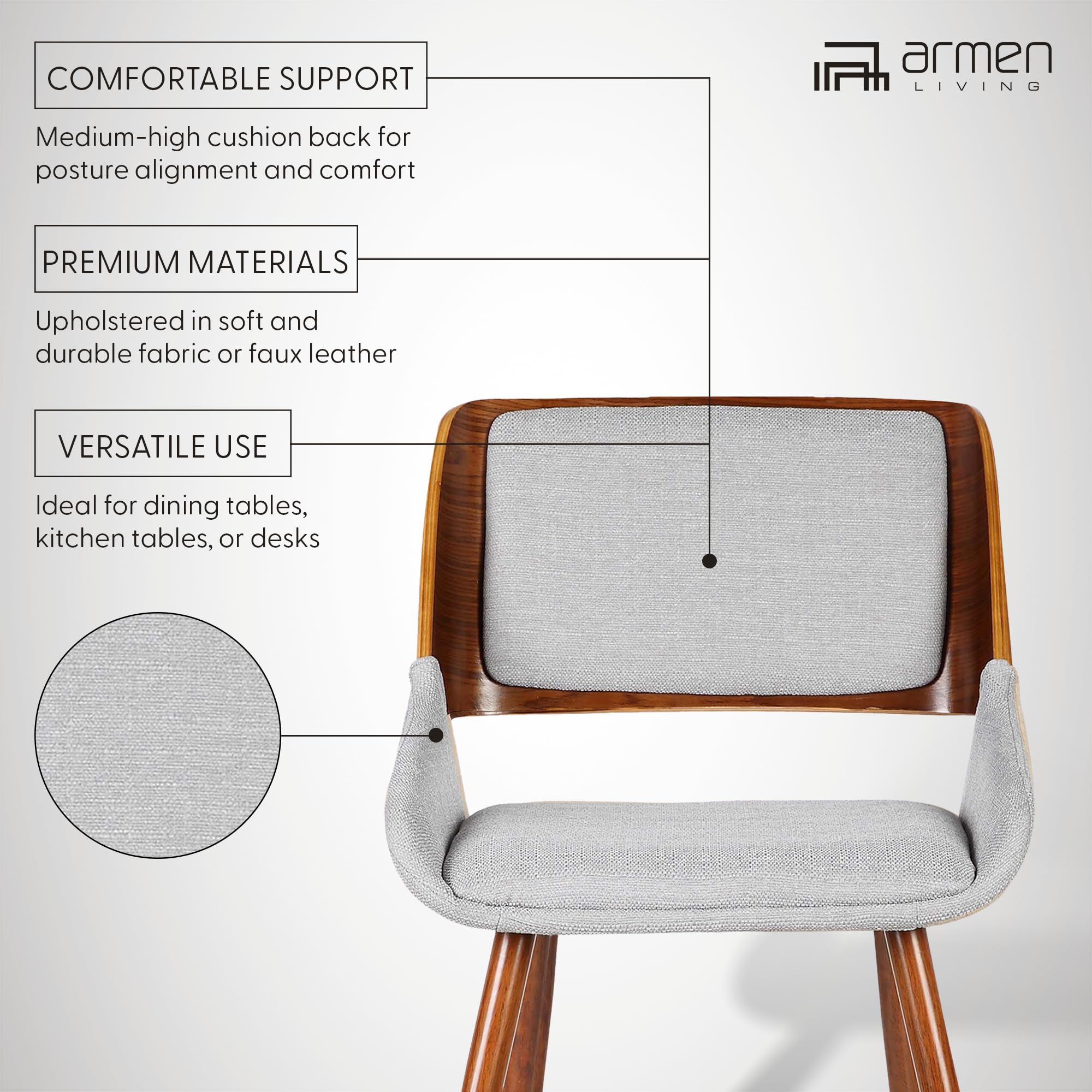 Armen Living Panda Mid Century Modern Dining Chair - Gray Fabric Upholstery & Walnut Wood Finish - Perfect for Kitchen, Office Desk, and Vanity Areas