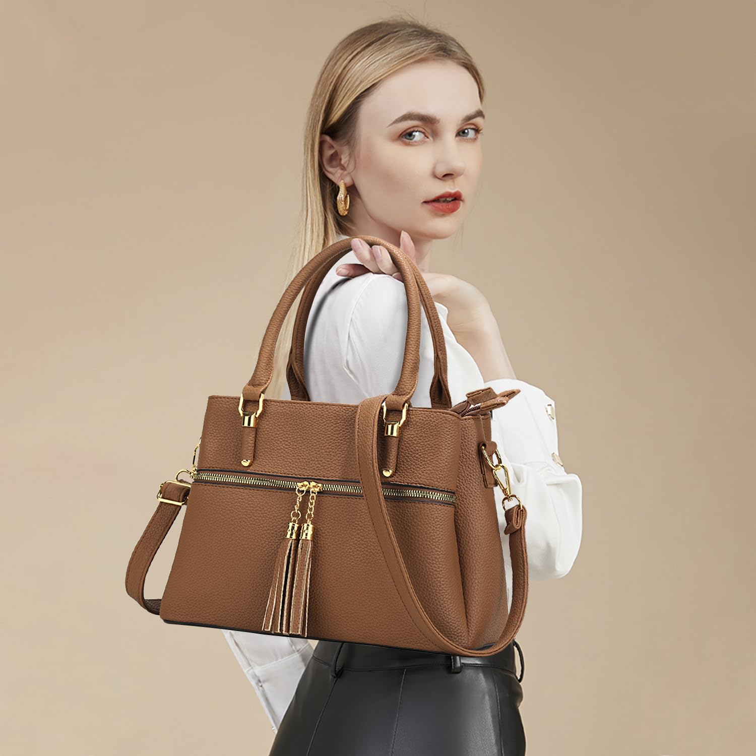 KKXIU Women's Leather Crossbody Bag with Zipper Pockets - Stylish Satchel Shoulder Handbag for Work, Travel & Everyday Use