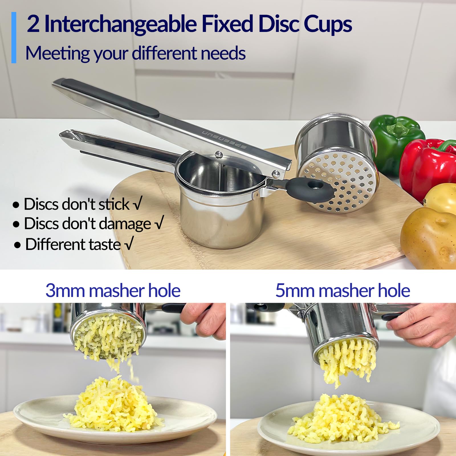SPEENSUN Stainless Steel Potato Ricer & Masher - 15oz Heavy Duty with 2 Interchangeable Cups - Perfect for Fluffy Mashed Potatoes, Baby Food & Spaetzle Making - Ideal for Home Cooking, Restaurants & Meal Prep