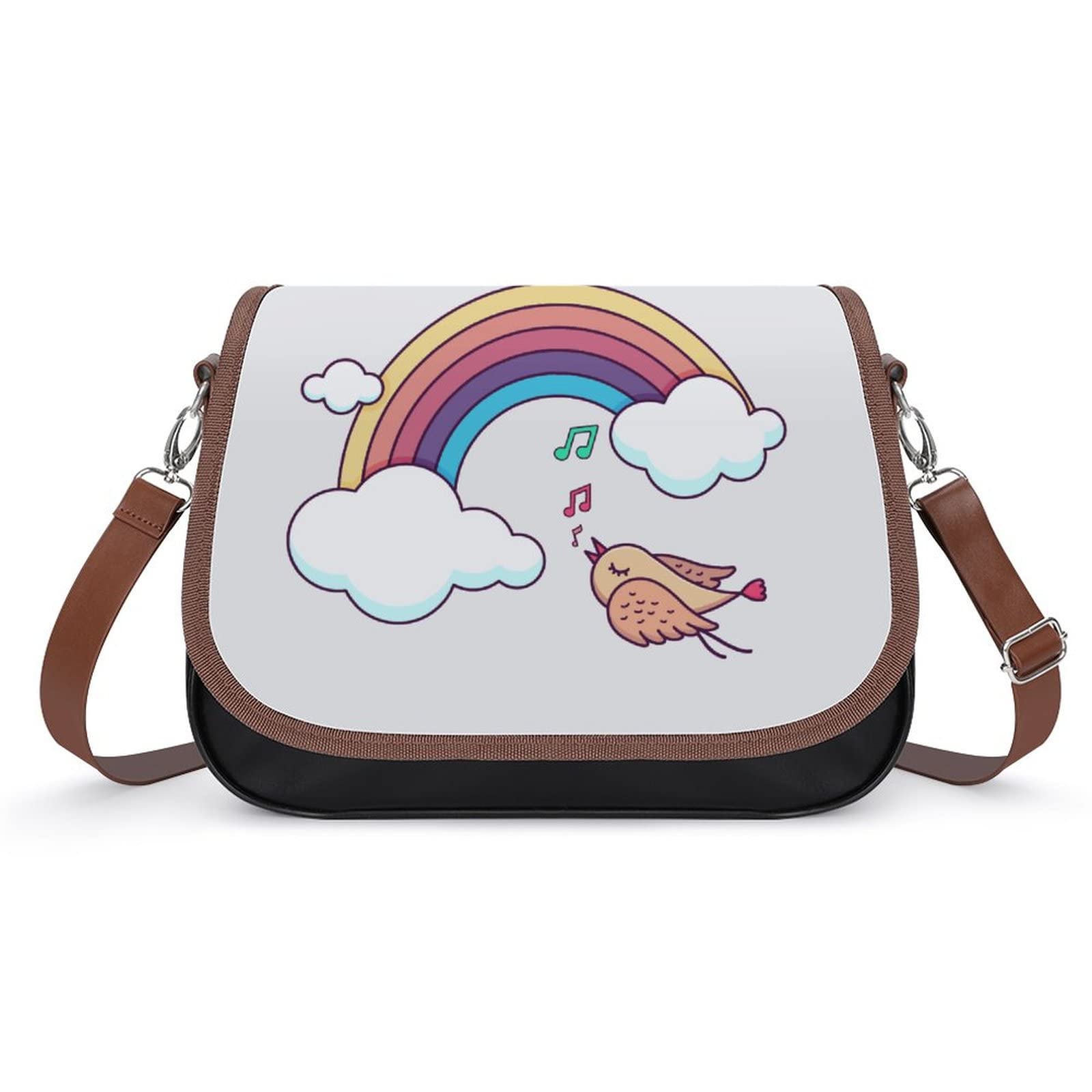 Women's Designer Leather Crossbody Bag with Printed Flap - Bird & Rainbow Pattern Shoulder Messenger Purse for Work, Travel & Everyday Use