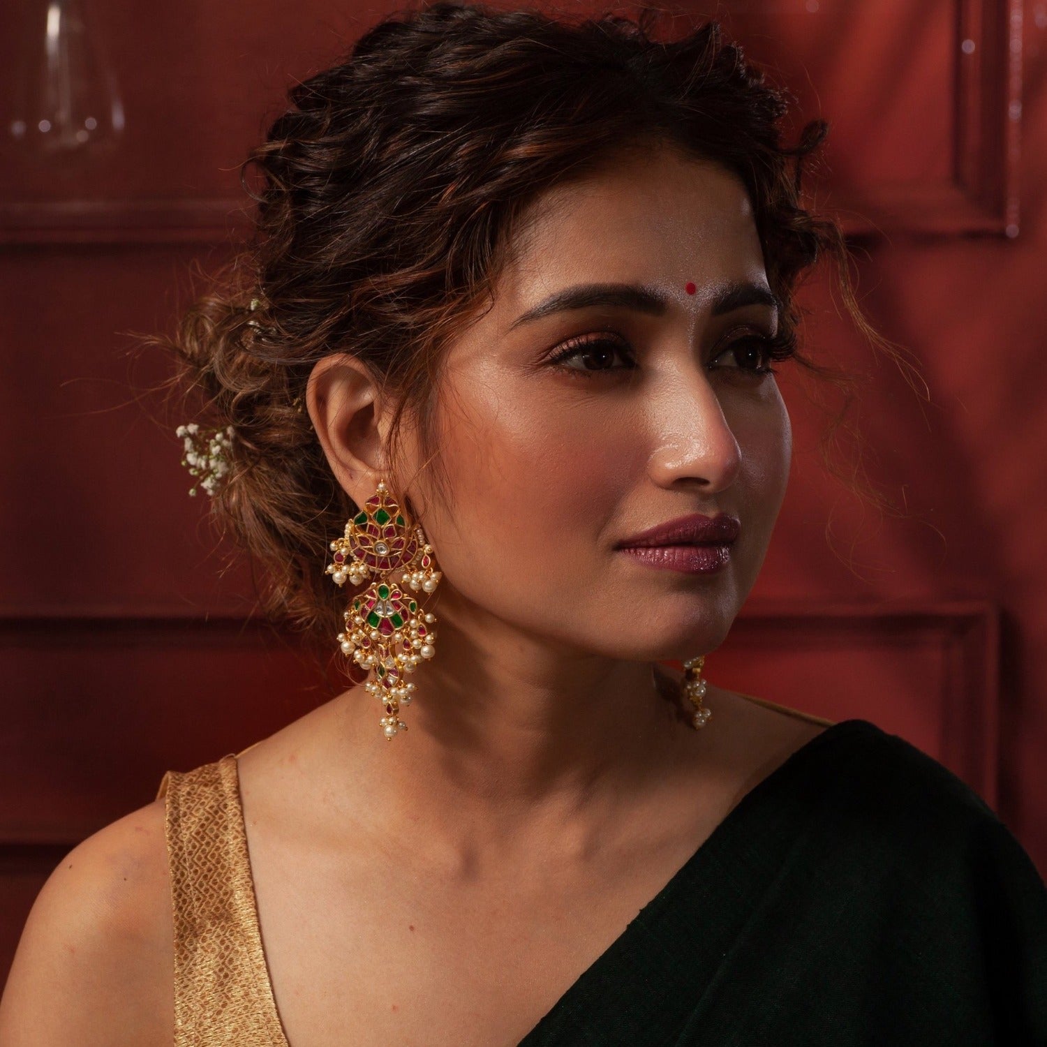 Exquisite Gold Plated Kempu Jadau Earrings for Women – Traditional Indian Jewelry for Weddings, Parties & Festive Occasions