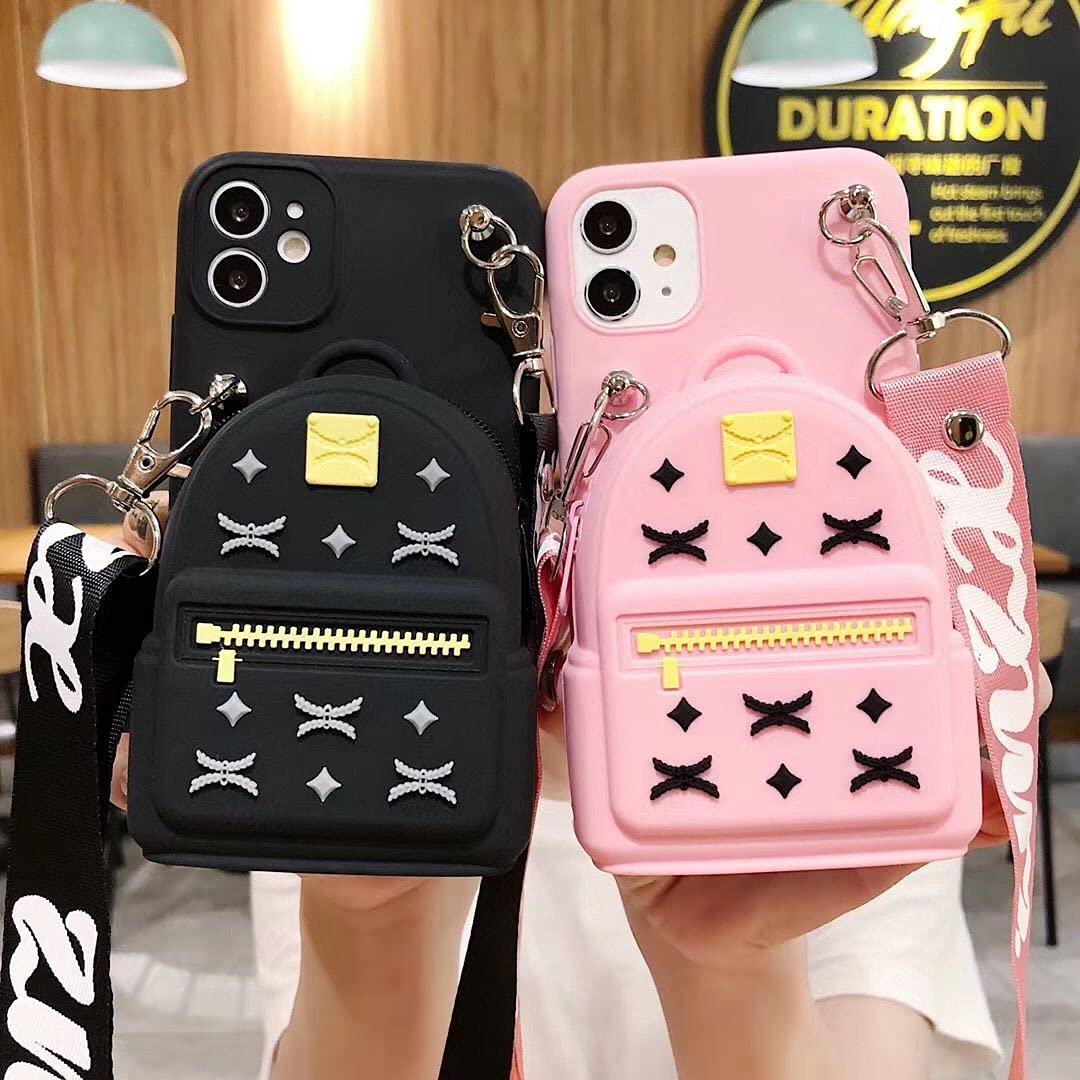 Cute Cartoon iPhone 8 Plus/7 Plus Backpack Design Case - Soft Silicone Shockproof Cover with Card Holder & Kickstand for Women & Teens (Pink) | Perfect for School, Travel & Everyday Use