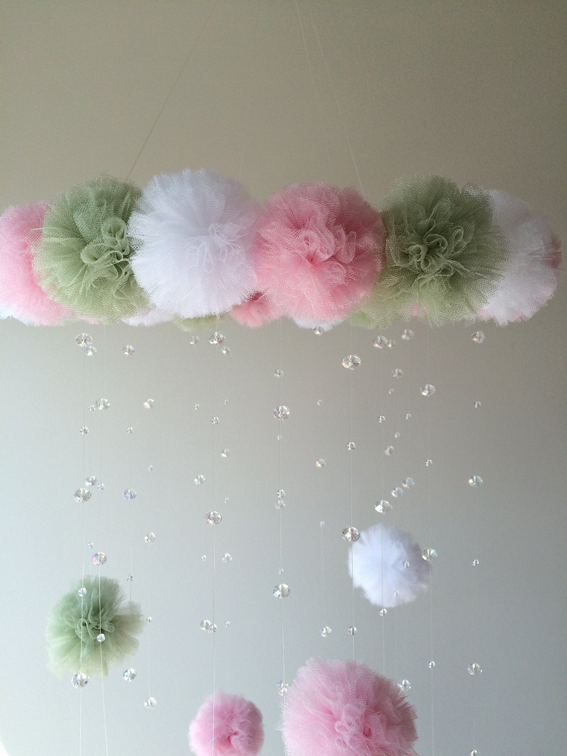 Pink and Green Pom Pom Crystal Baby Mobile - Handmade Nursery Decor for Cribs, Playrooms & Baby Showers - Perfect for Newborns & Toddlers