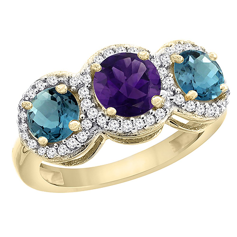 14K Yellow Gold Natural Amethyst & London Blue Topaz Three-Stone Ring with Diamond Accents | Size 5-10 | Elegant Wedding, Engagement & Anniversary Jewelry Gift for Women