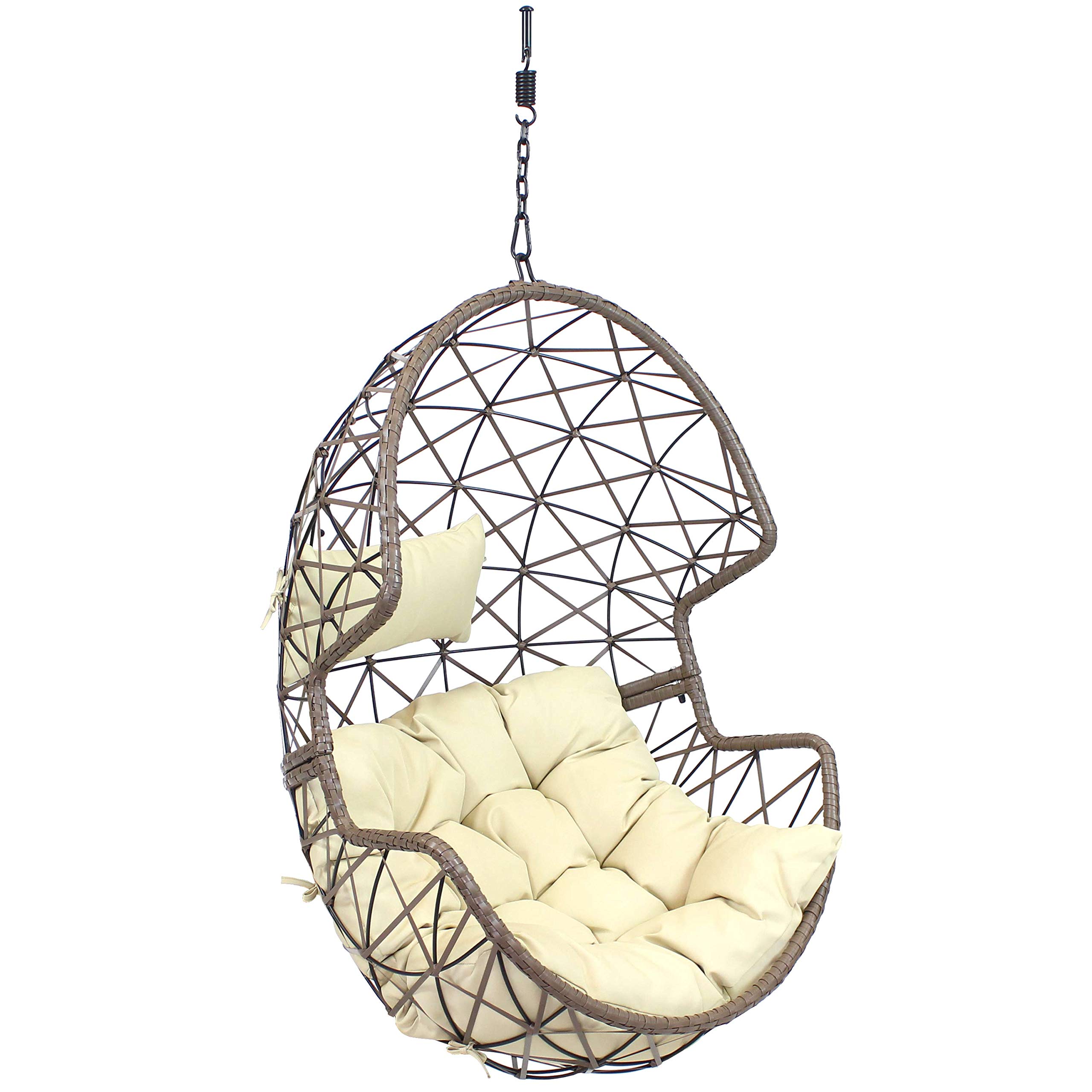 Sunnydaze Lorelei Hanging Egg Chair - Outdoor Patio Swing Chair with Beige Cushion, Boho Style Resin Wicker Basket Design - Perfect for Porch, Deck, Balcony, Garden & Backyard Relaxation