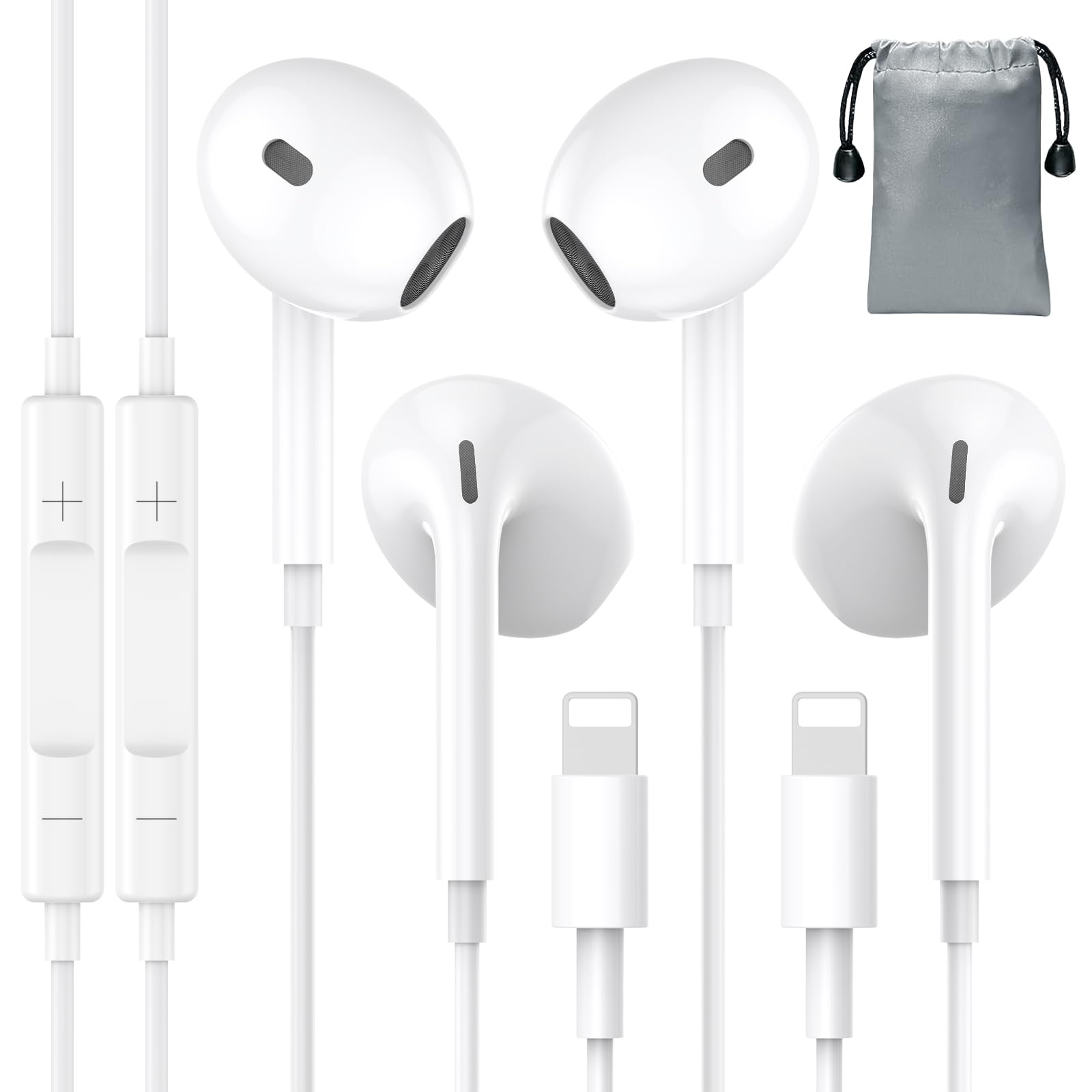 OLKIEQZ 2 Pack MFi Certified Lightning Earphones for iPhone - HiFi Stereo Wired Earbuds with Microphone, Volume Control & Noise Cancelling - Compatible with iPhone 14/13/12/Pro/Max/8/7 & iPad - Perfect for Workouts, Commuting & Gaming