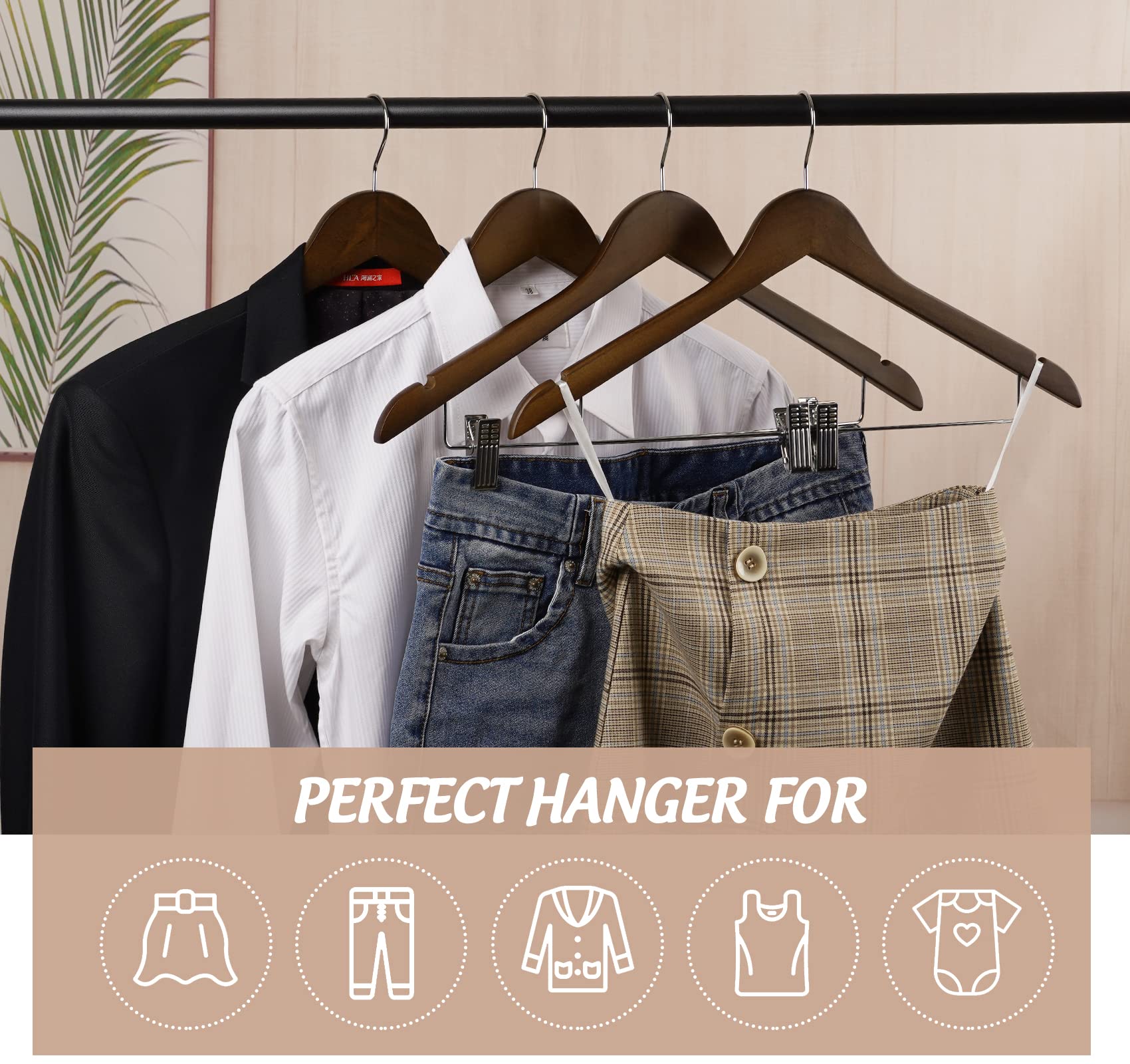 Premium 16-Pack Wooden Clothes Hangers with Metal Clips - Walnut Wood Skirt & Pants Hangers for Suits, Dresses, Jackets & Heavy Coats - Ideal for Closet Organization & Formal Wear Storage