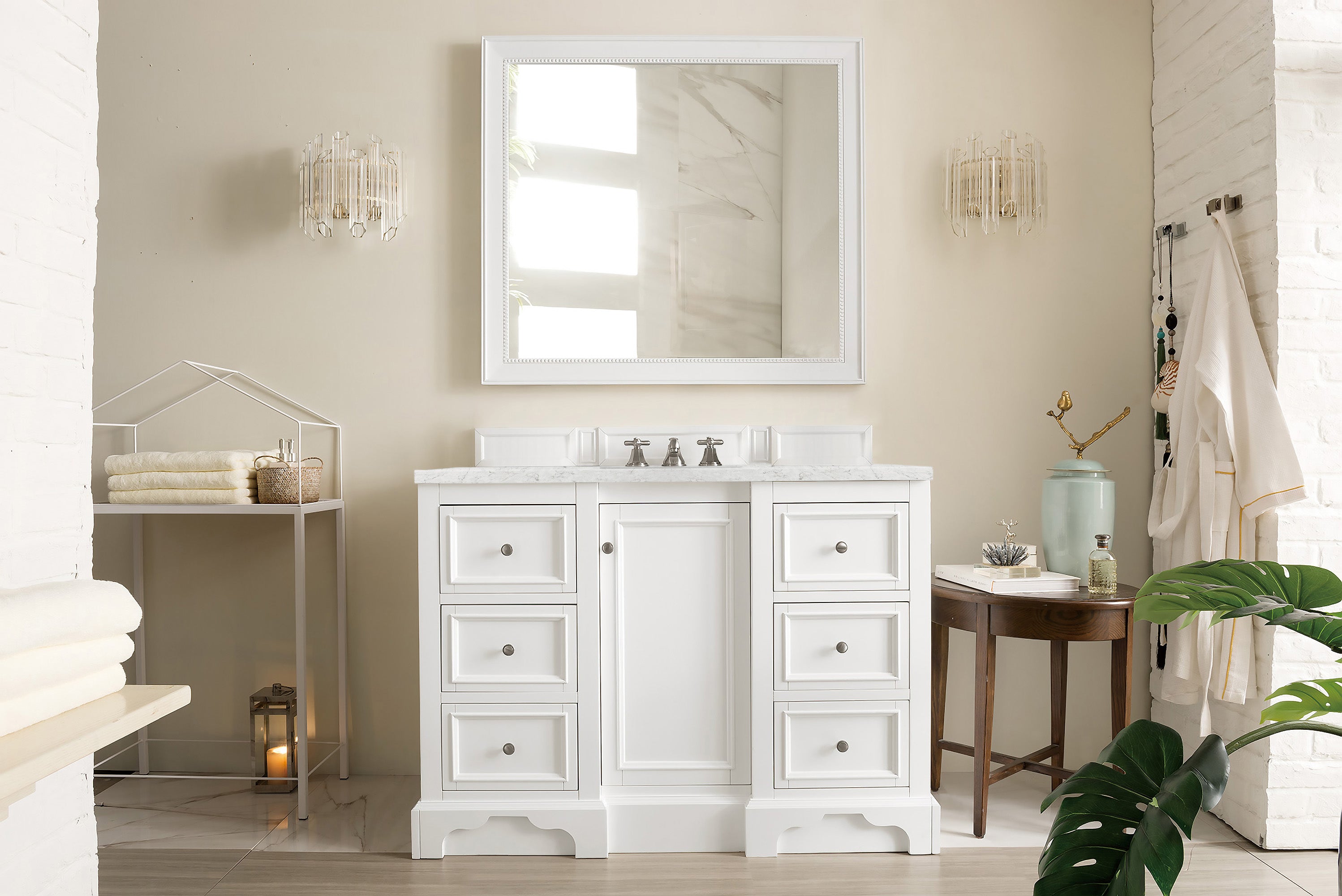 De Soto 48 Inch Single Bathroom Vanity with 3CM Eternal Jasmine Pearl Quartz Top - Bright White Finish for Modern Bathrooms | Perfect for Home Renovation & Spa-Like Retreats