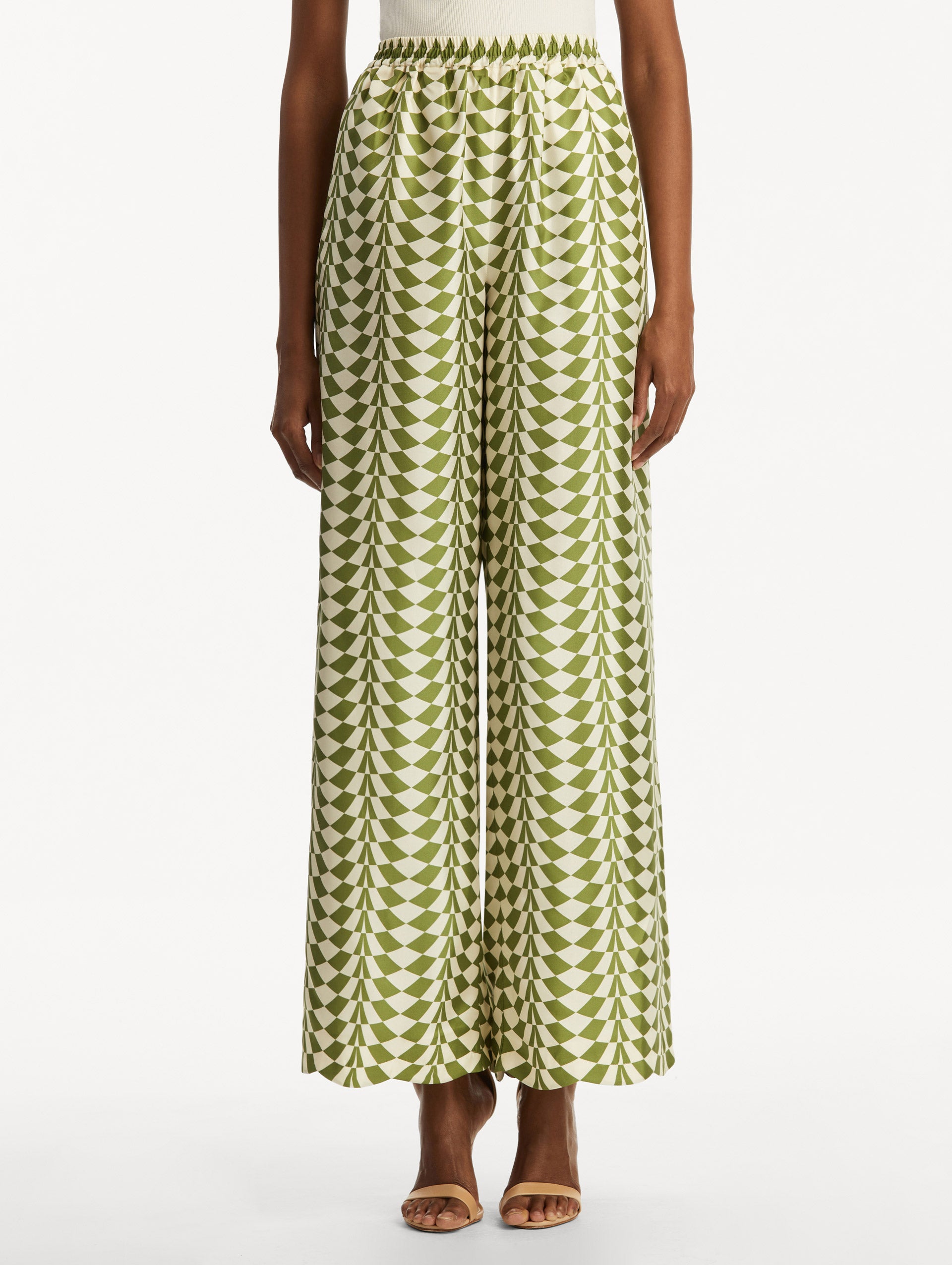 Geo Silk Twill Wide Leg Pants for Women - Comfortable High Waisted Palazzo Pants for Work, Travel & Casual Wear