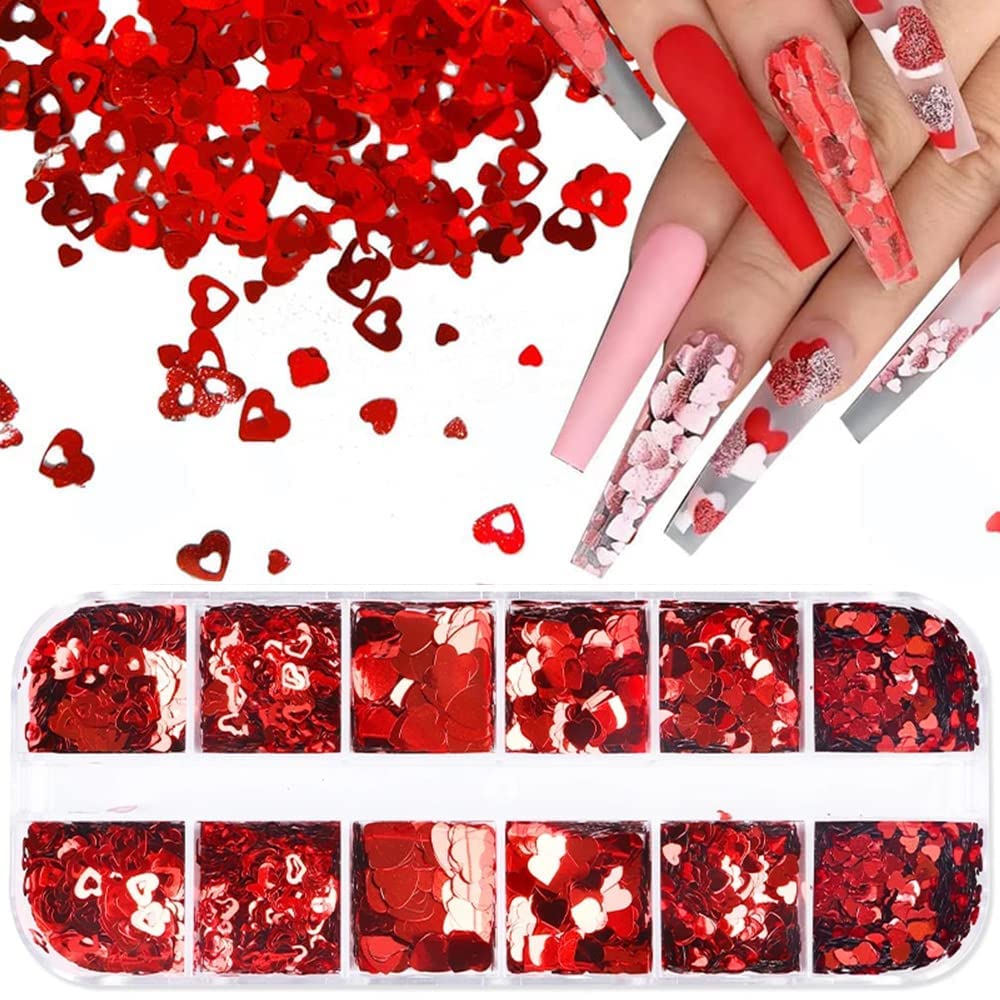 Valentine's Day Nail Art Glitters - 3D Heart Shaped Holographic Nail Sequins for Women & Girls | 12 Grids Red Sparkling Hollow Heart Nail Decor | Perfect for Valentine's Day Manicures, Parties & Special Occasions