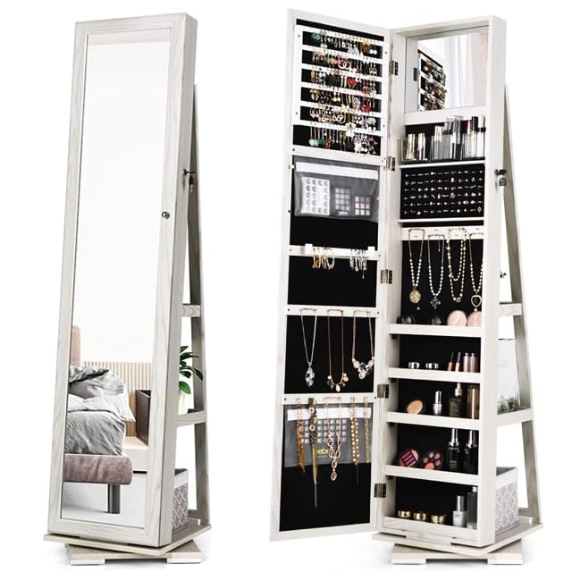 Moccha 2-in-1 Mirrored Jewelry Cabinet with 360° Rotation - Large Lockable Jewelry Organizer with Full-Length Mirror & Built-in Makeup Mirror - Free Standing Jewelry Armoire (White) | Perfect for Bedroom, Closet & Dressing Room Organization