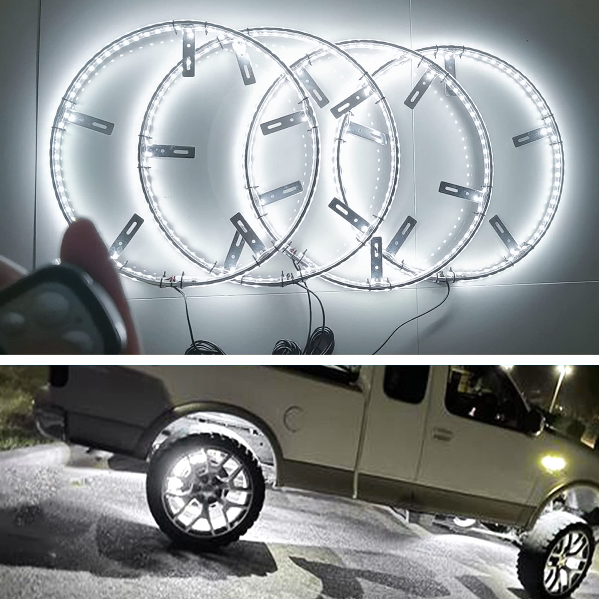 4Pcs 17-Inch Waterproof LED Wheel Ring Lights - Double Side White, APP & RF Remote Control - Compatible with Trucks, Cars, Pickups, SUVs & Campers - Perfect for Night Driving, Car Shows & Off-Road Adventures
