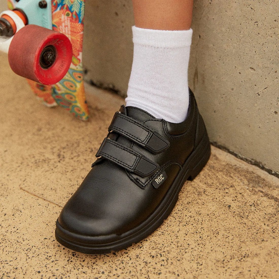 ROC BOOTS Junior Rocket Black Leather Shoes for Kids - Velcro Strap Closure, Comfortable & Durable - Perfect for School, Playground & Outdoor Activities