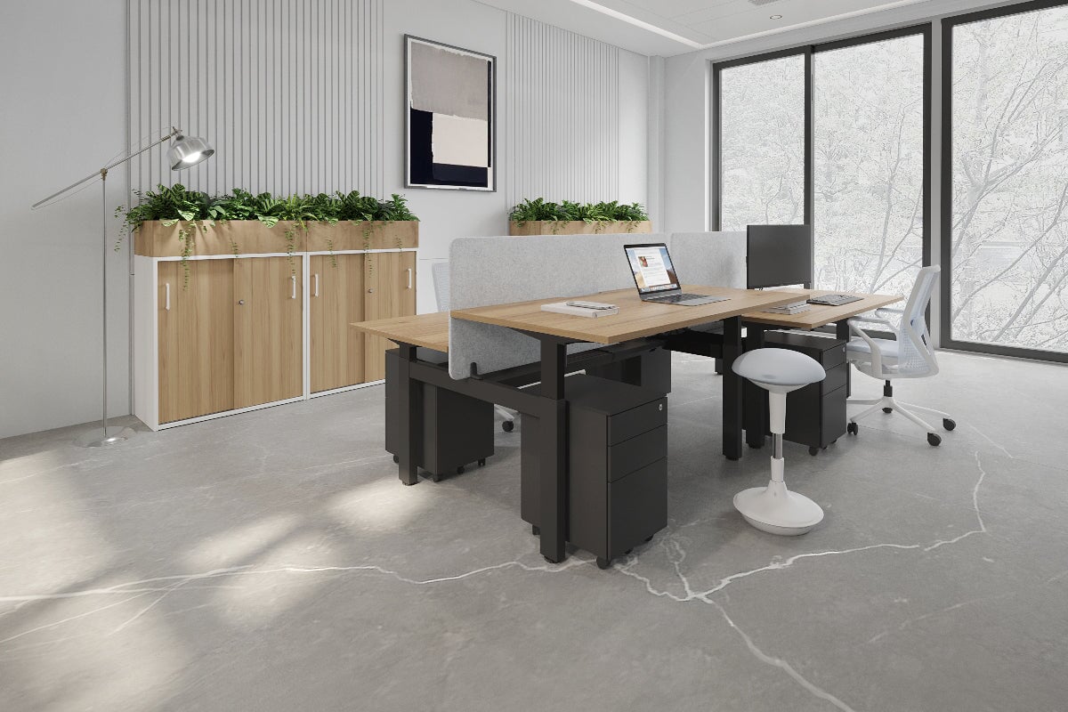 Just Right Height Adjustable 4-Person Workbench | 1400L x 800W Office Desk with Cable Management | Perfect for Team Collaboration & Computer Workstations