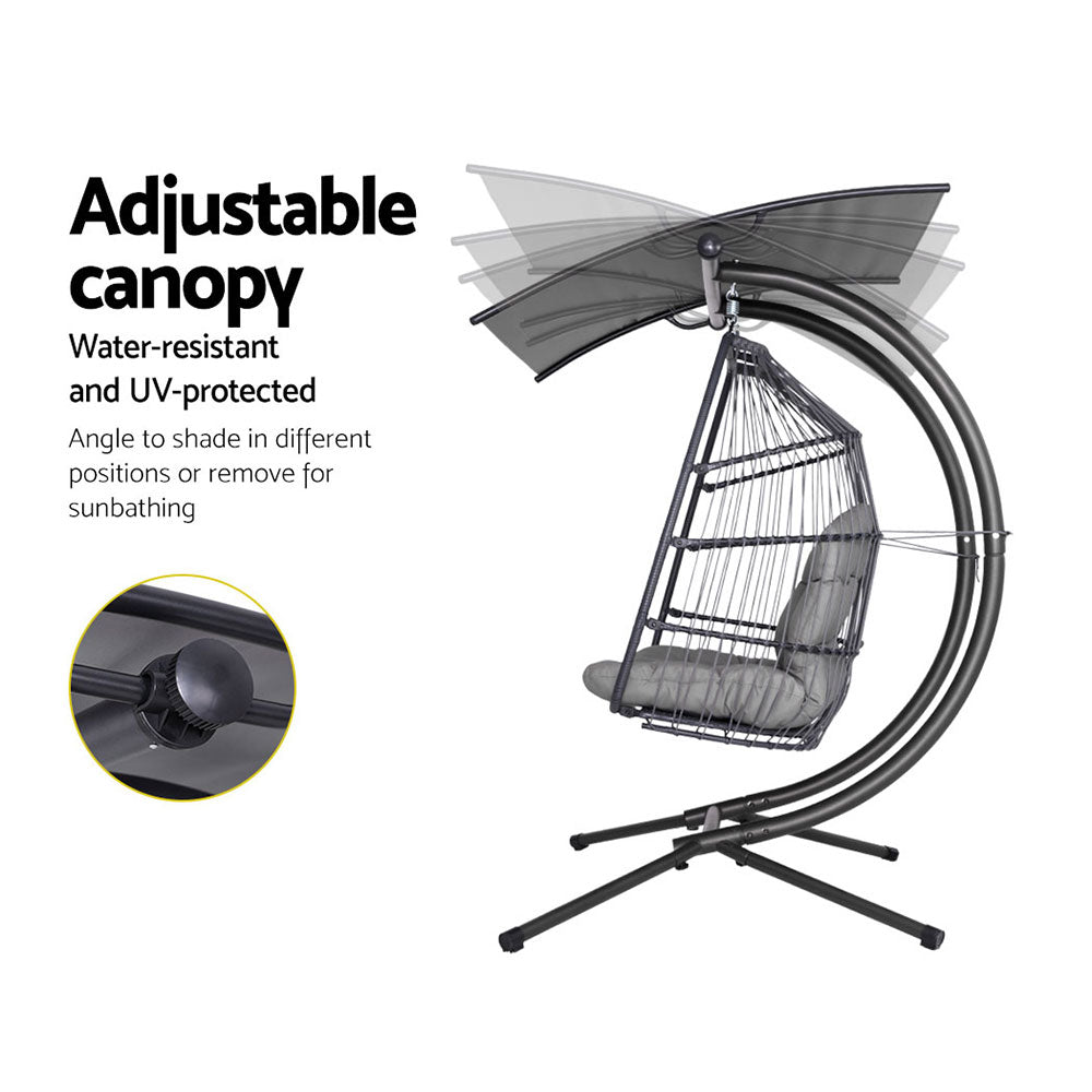 Grey Double Wicker Hanging Swing Chair with Stand - Outdoor Patio, Garden, Balcony Relaxation Chair for Backyard & Porch