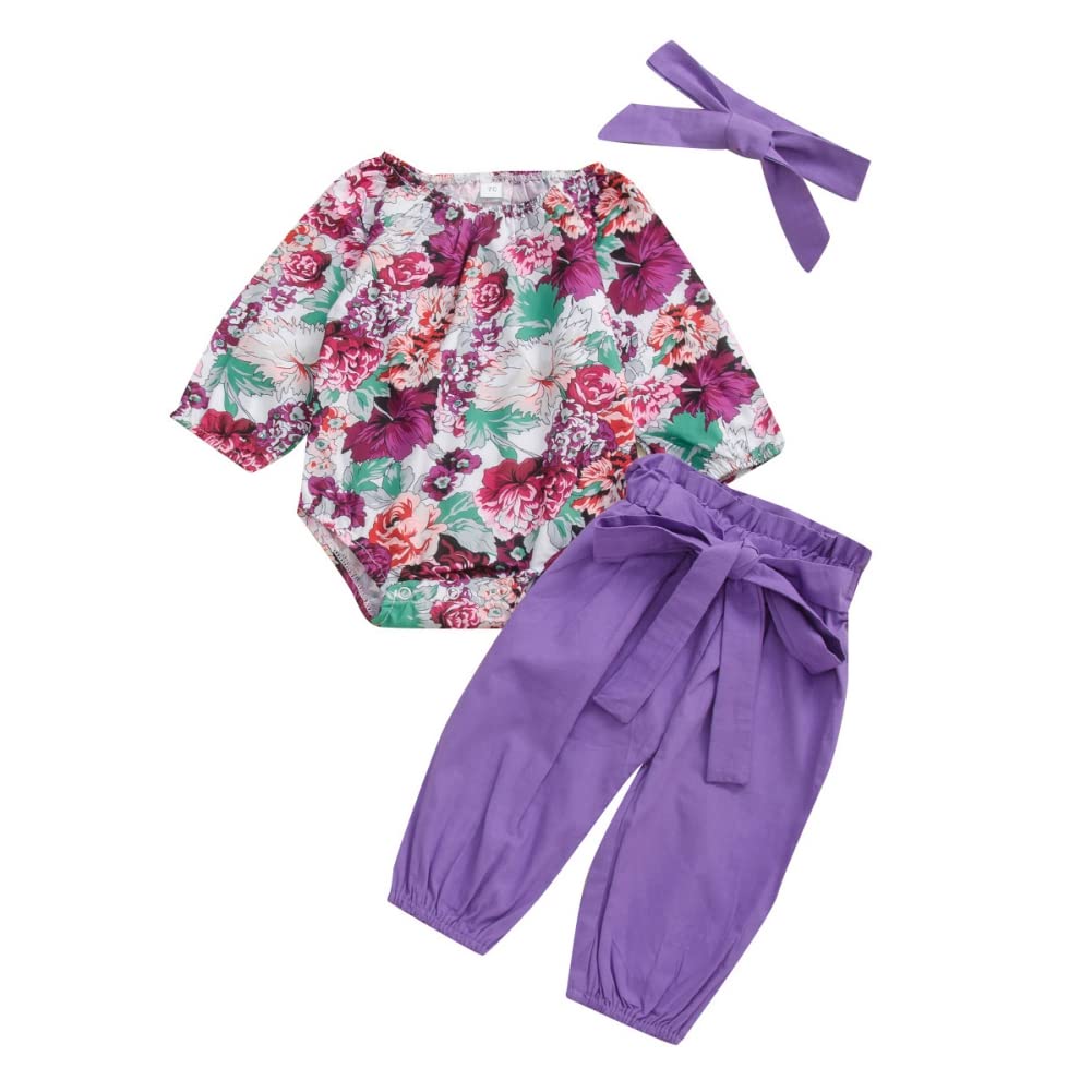Wenasi Newborn Baby Girl Outfit Set - Floral Romper, Pants & Headband in Purple | Cute Infant Clothes for Photos, Parties & Daily Wear