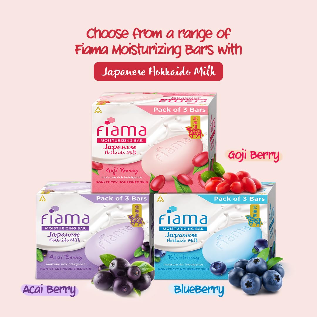 Fiama Moisturizing Soap Bar with Japanese Hokkaido Milk & Goji Berry - Pack of 3 | Non-Sticky, Deep Hydration for Soft Skin | Enriched with Vitamin F & Natural Fragrance | Perfect for Daily Shower & Spa Relaxation