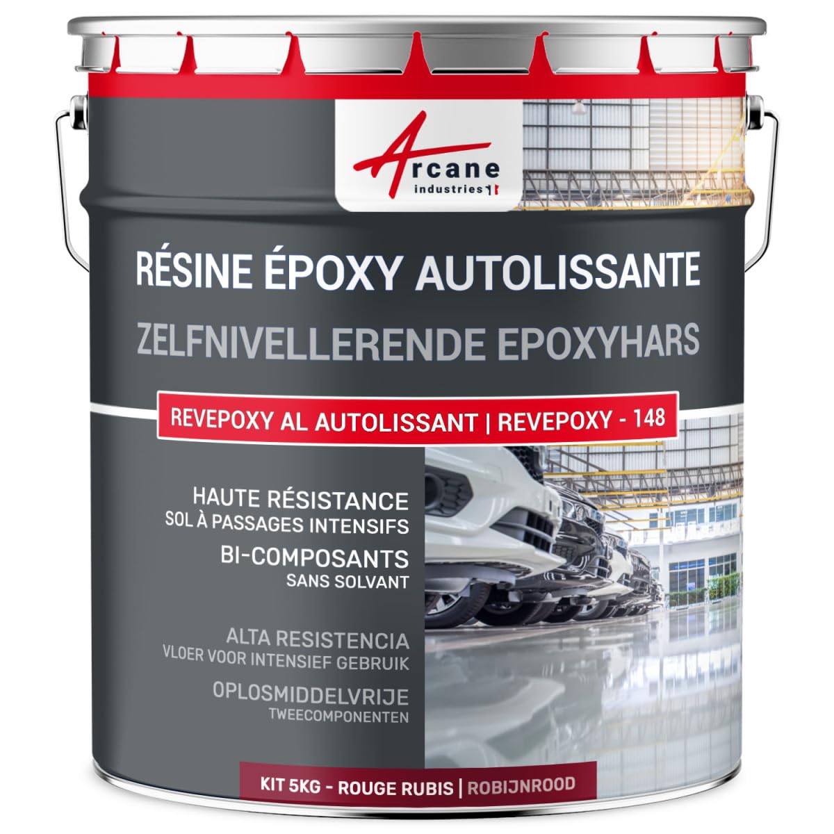 Epoxy Floor Resin, Self-Leveling - REVEPOXY AL AUTONIVELANTE - 5 kg Ruby Red - RAL 3003 - ARCANE INDUSTRIES - Perfect for Garage Floors, Basements & Industrial Spaces