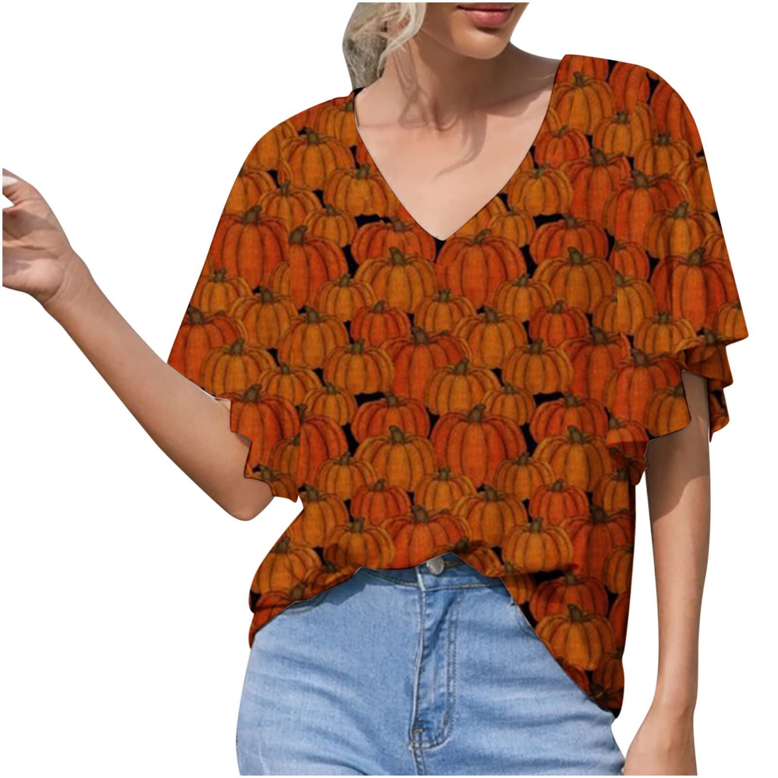 Women's Short Sleeve Halloween Print V-Neck T-Shirt - Casual Basic Tee Top for Moms, Pullover Tunic Blouse | Perfect for Daily Wear, Halloween Parties & Family Gatherings