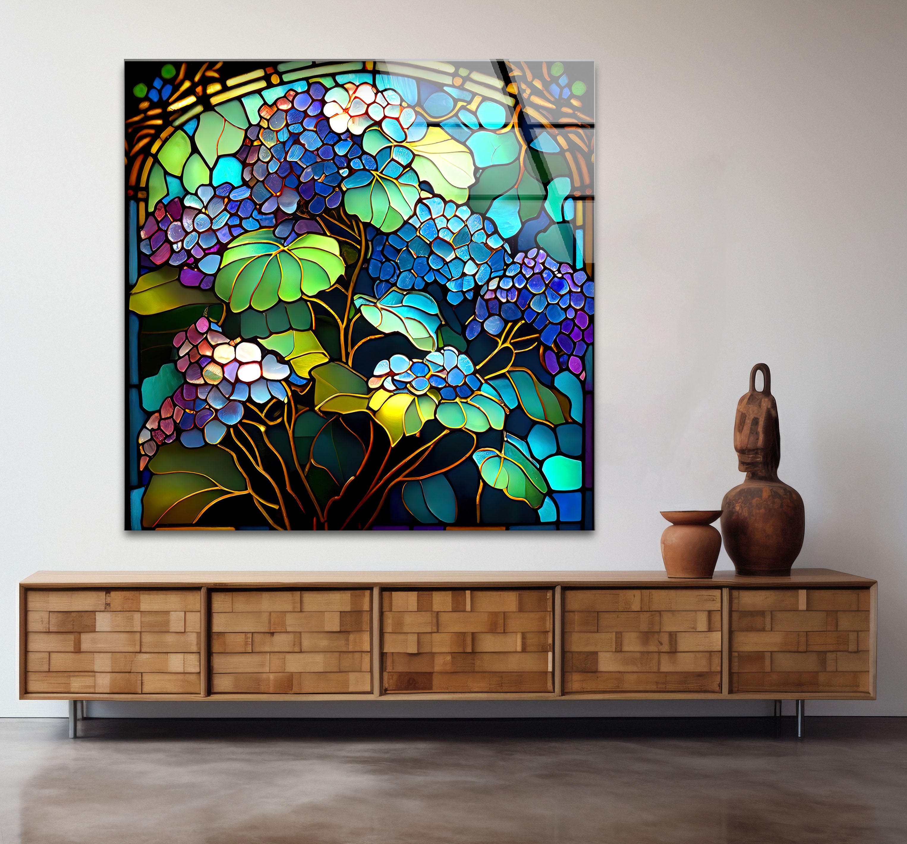 Blue Hydrangea Stained Glass Wall Art - Vertical Floral Glass Print for Home Decor, Church, Wedding & Office | Handmade Glass Painting Gift for Women