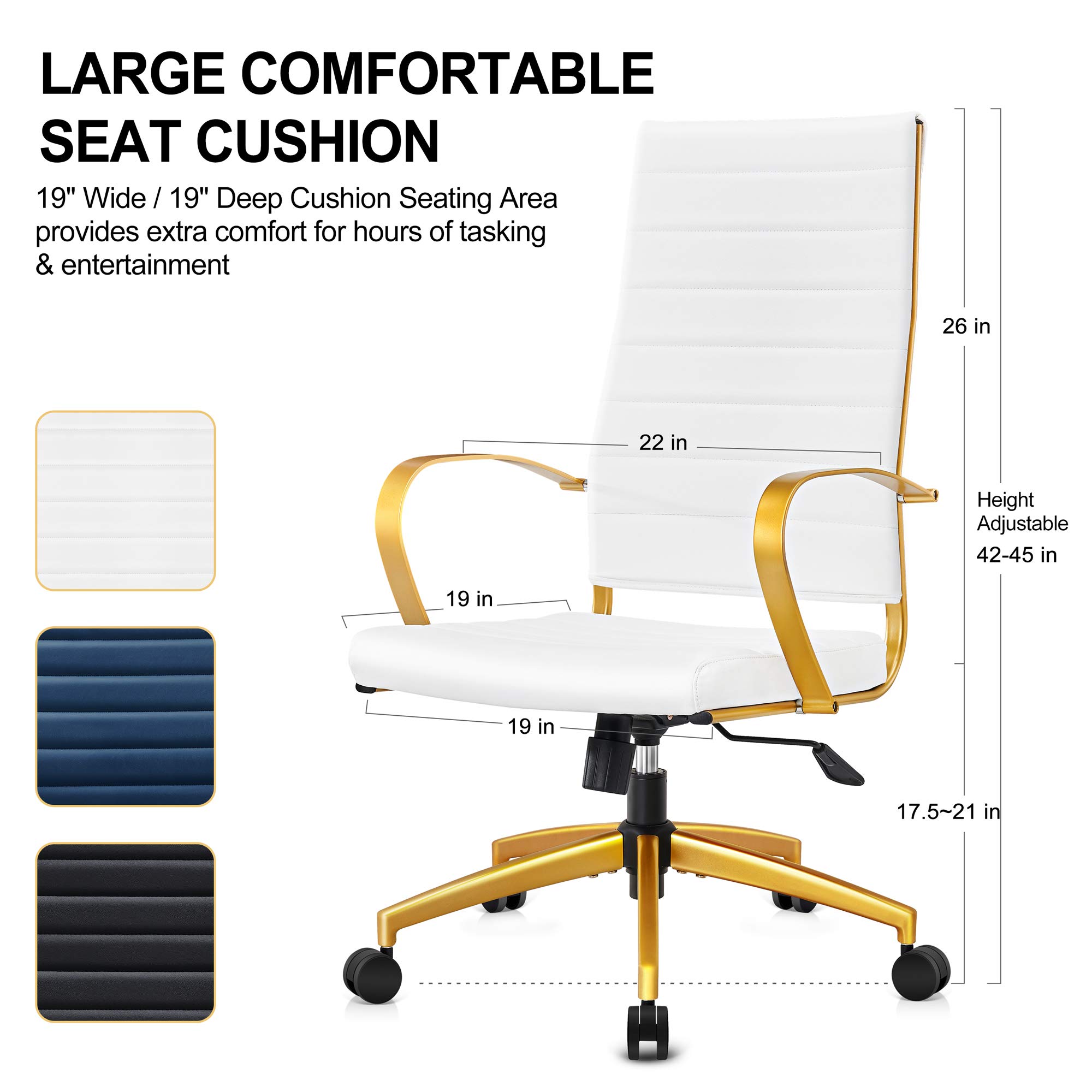 Ergonomic Office Chair - High Back Executive Desk Chair in White Vegan Leather with Gold Accents, Adjustable Height & Lumbar Support for Home Office, Perfect for Long Work Hours & Video Conferencing (White)