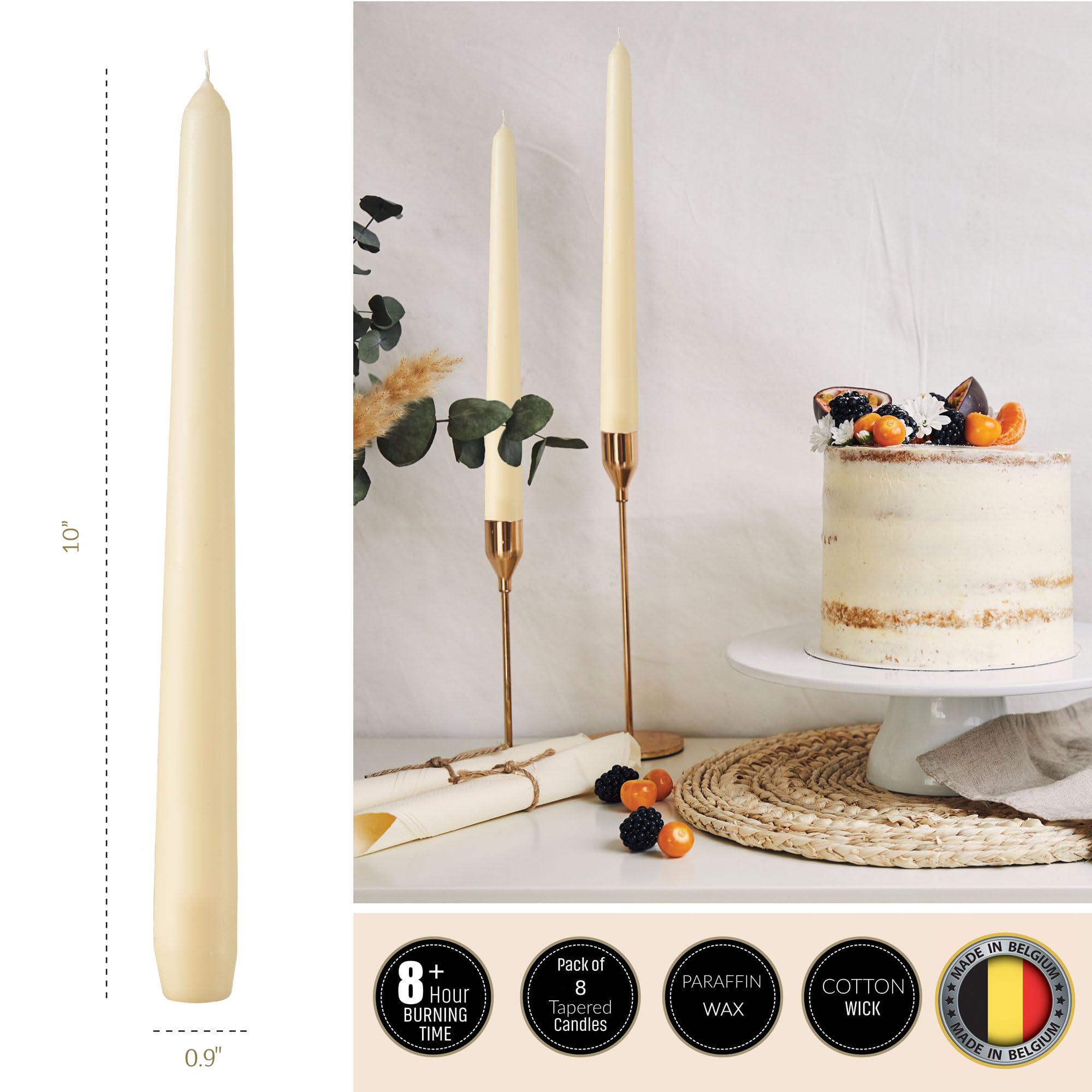 Rambue 10 Inch Ivory Taper Candles - 8 Pack Classic Dripless Cream Tapered Candlesticks for Weddings, Dinner Parties & Home Decor - 8 Hours Burn Time - Perfect for Romantic Dinners, Candlelight Ceremonies & Holiday Centerpieces